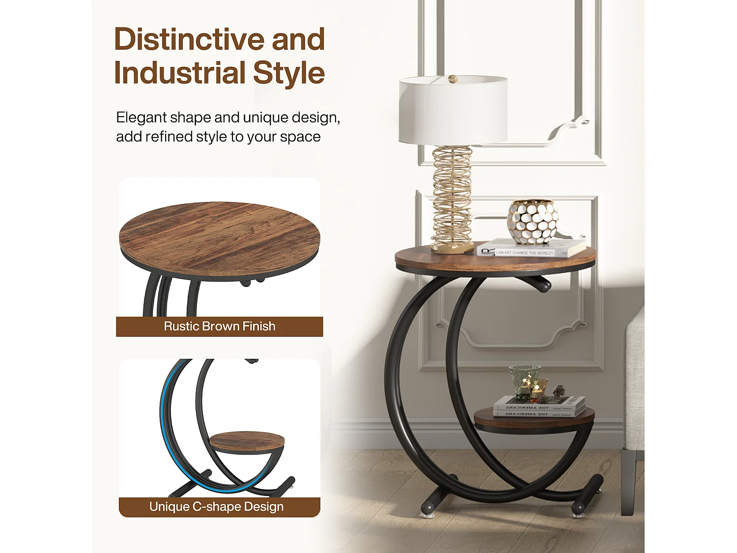 Table d'appoint ronde à deux niveaux de style industriel avec étagères de rangement, petite table rustique, table de chevet
