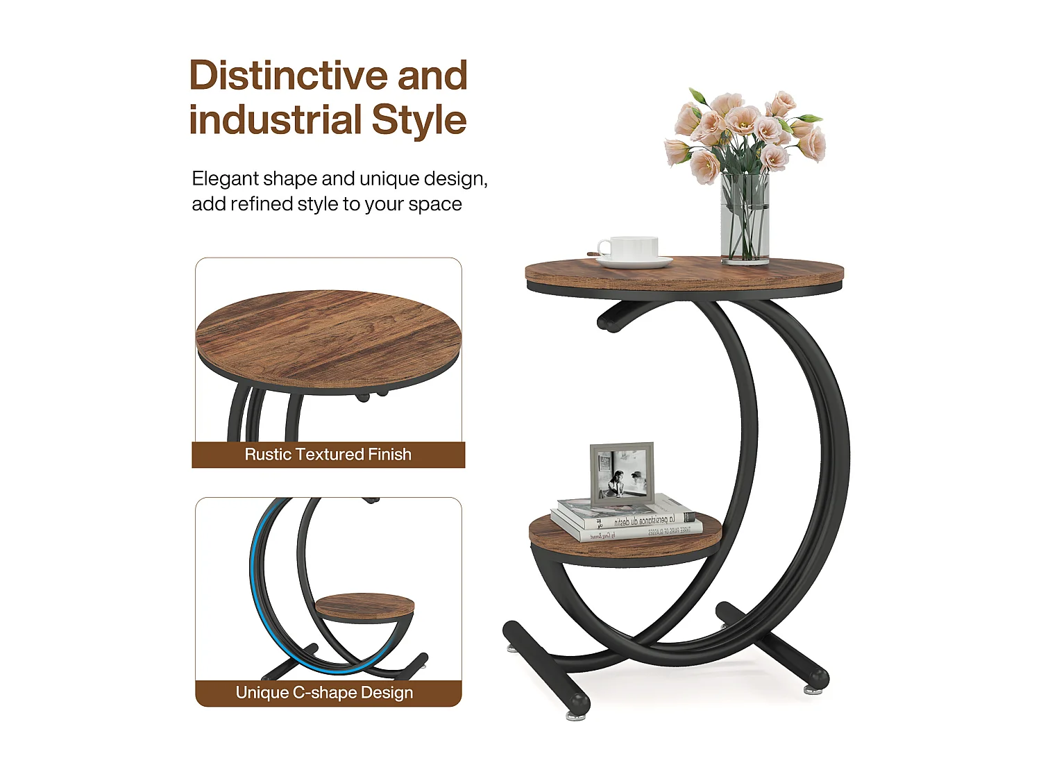 Table d'appoint ronde à deux niveaux de style industriel avec étagères de rangement, petite table rustique, table de chevet
