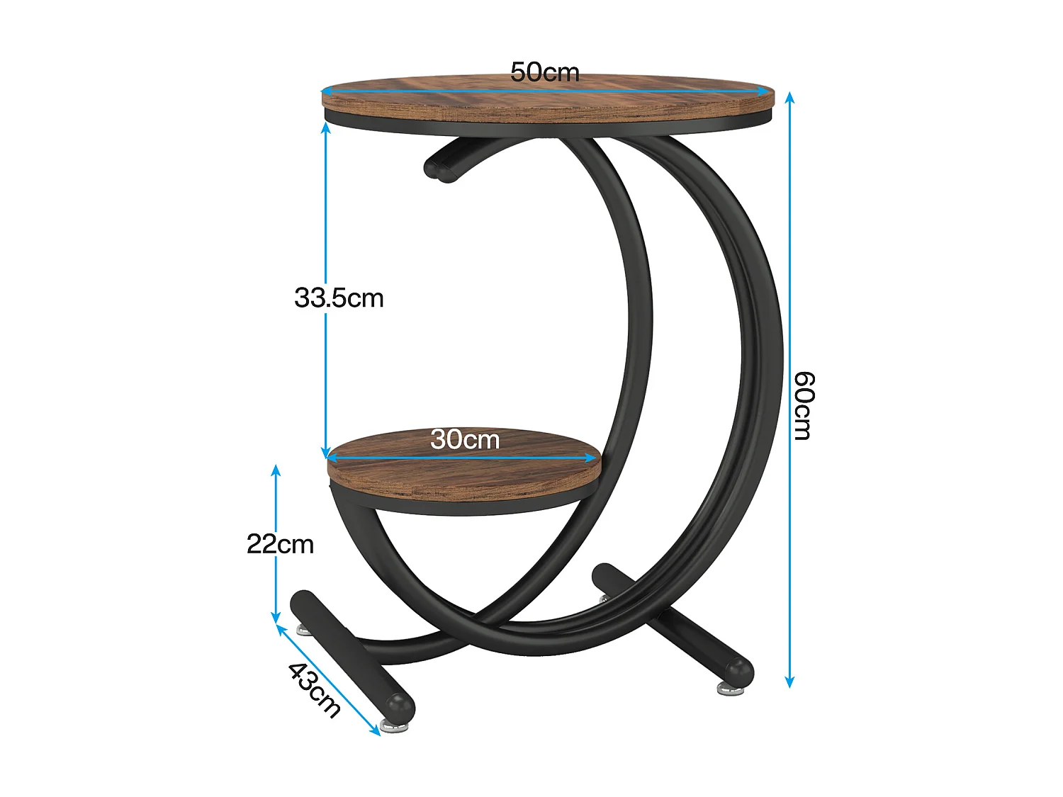 Table d'appoint ronde à deux niveaux de style industriel avec étagères de rangement, petite table rustique, table de chevet