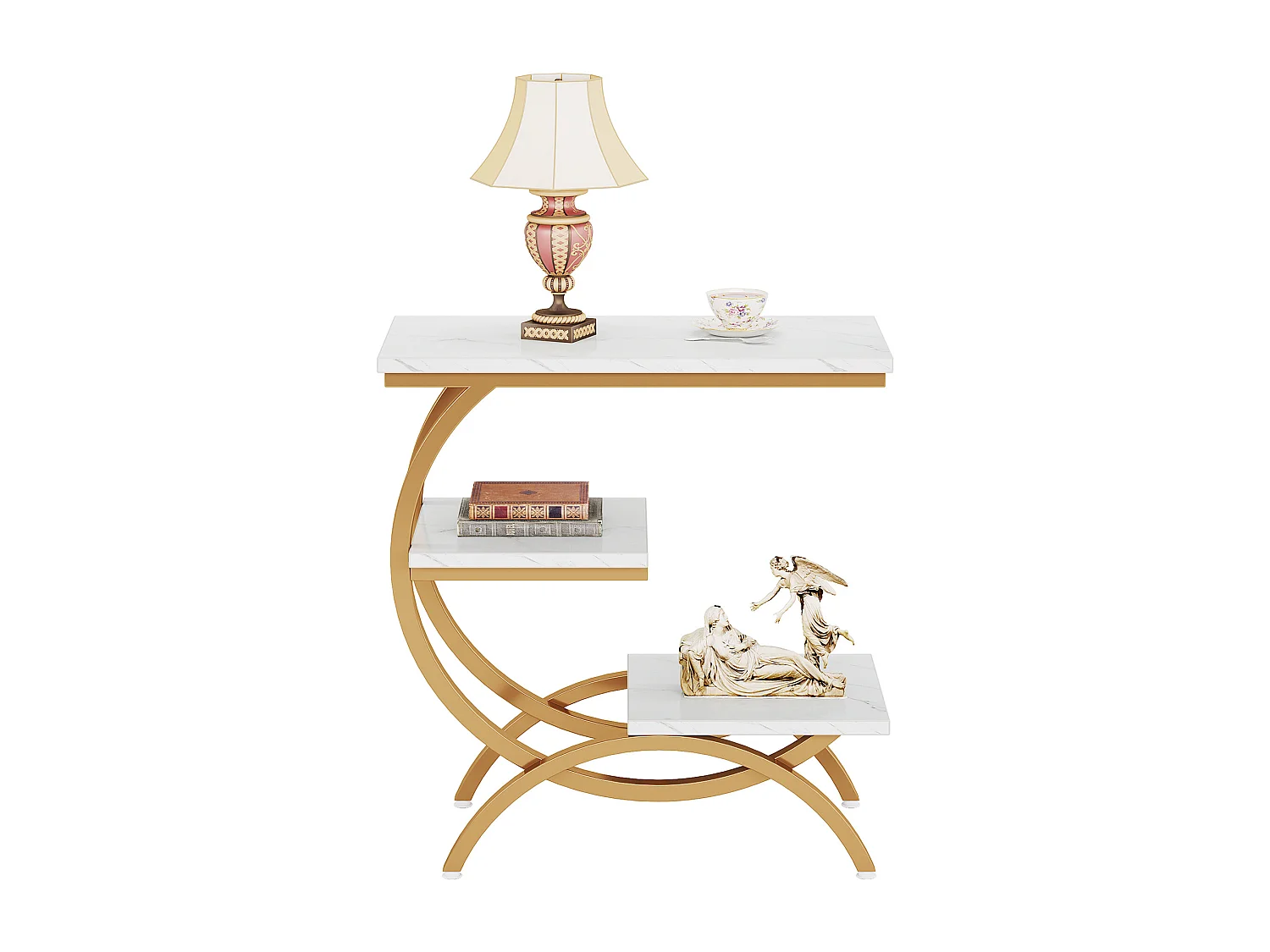 Table d'appoint industrielle en forme de C à 3 niveaux, petite table de chevet pour canapé, idéale pour les petits espaces de salon, blanc et or.