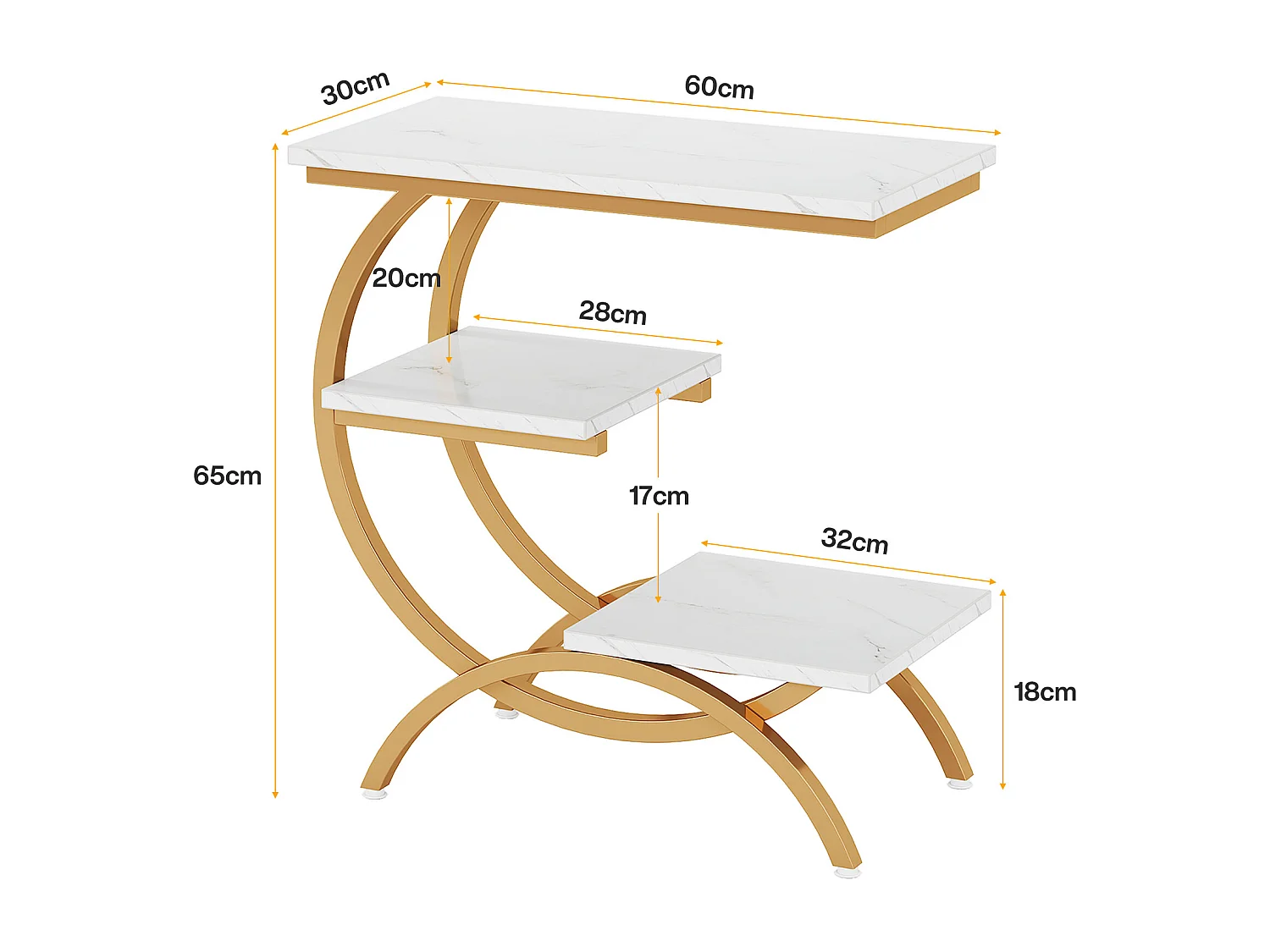 Table d'appoint industrielle en forme de C à 3 niveaux, petite table de chevet pour canapé, idéale pour les petits espaces de salon, blanc et or.