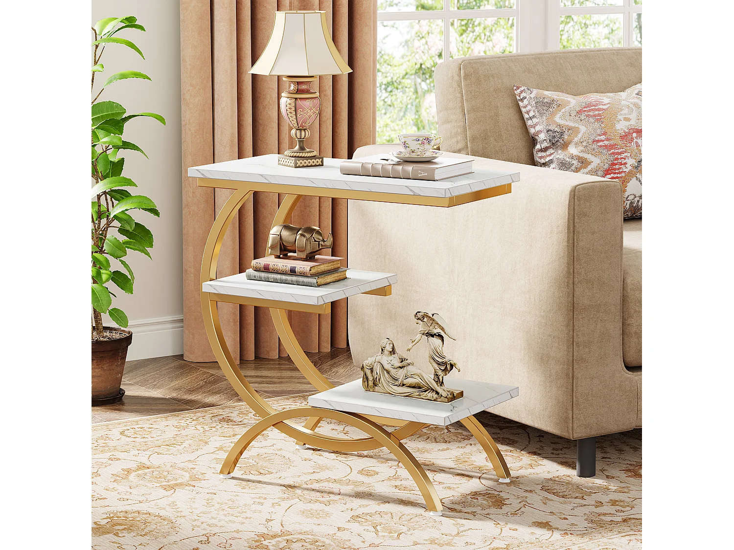 Table d'appoint industrielle en forme de C à 3 niveaux, petite table de chevet pour canapé, idéale pour les petits espaces de salon, blanc et or.