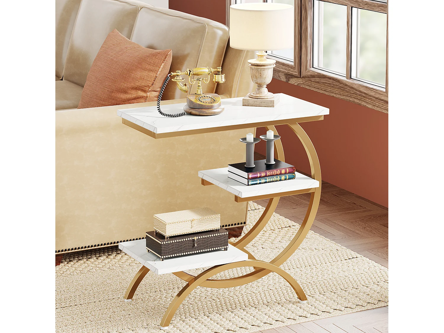 Table d'appoint industrielle en forme de C à 3 niveaux, petite table de chevet pour canapé, idéale pour les petits espaces de salon, blanc et or.