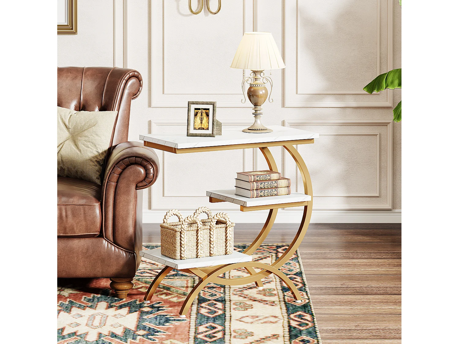 Table d'appoint industrielle en forme de C à 3 niveaux, petite table de chevet pour canapé, idéale pour les petits espaces de salon, blanc et or.