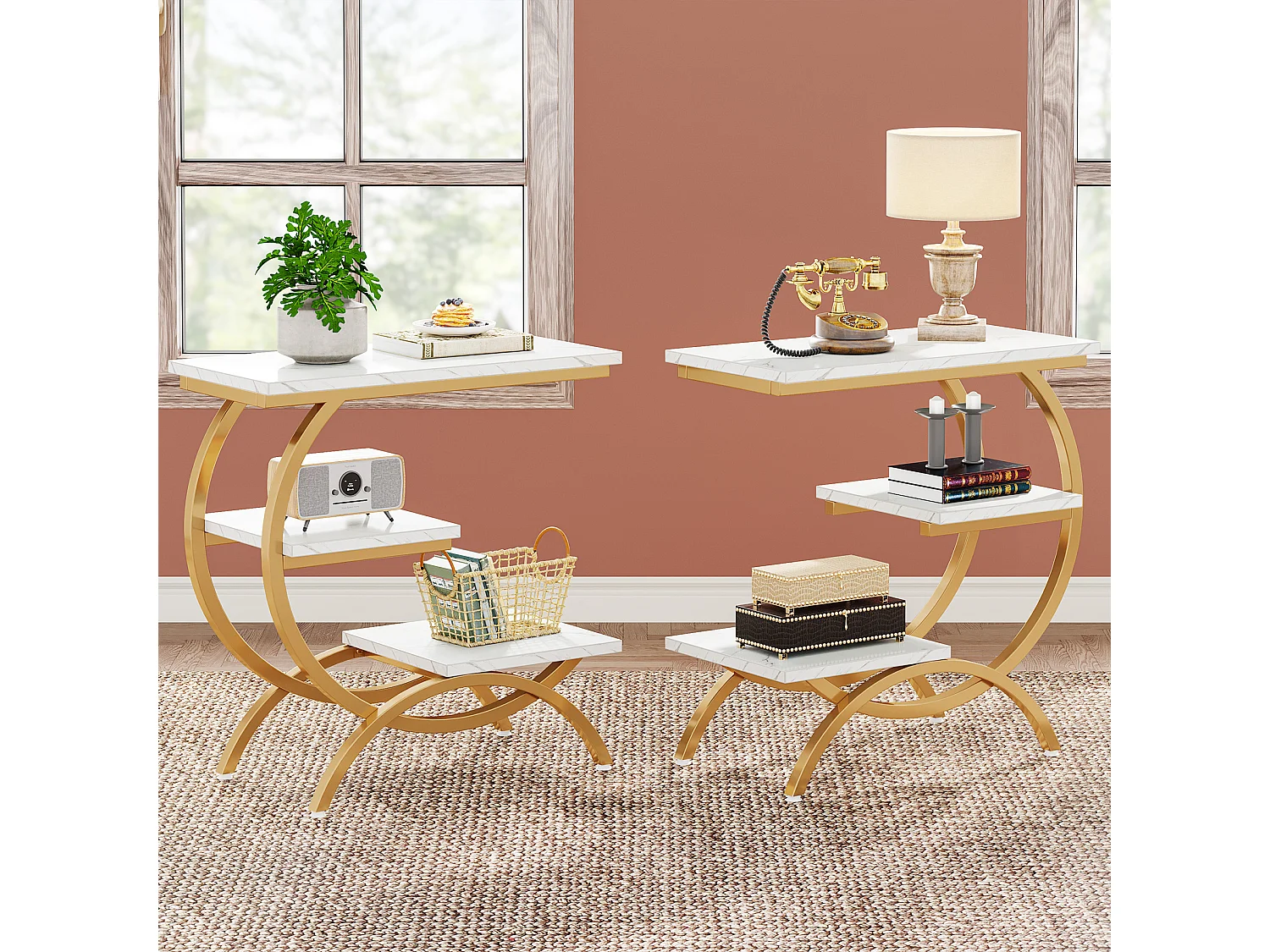 Table d'appoint industrielle en forme de C à 3 niveaux, petite table de chevet pour canapé, idéale pour les petits espaces de salon, blanc et or.