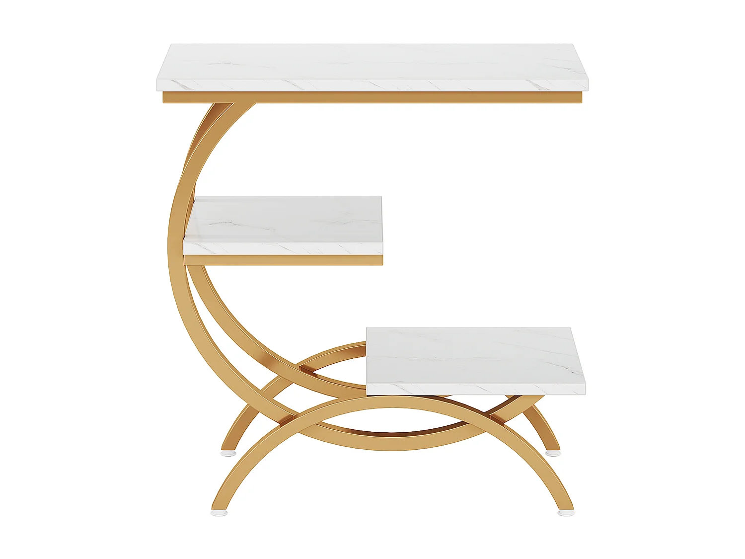 Table d'appoint industrielle en forme de C à 3 niveaux, petite table de chevet pour canapé, idéale pour les petits espaces de salon, blanc et or.