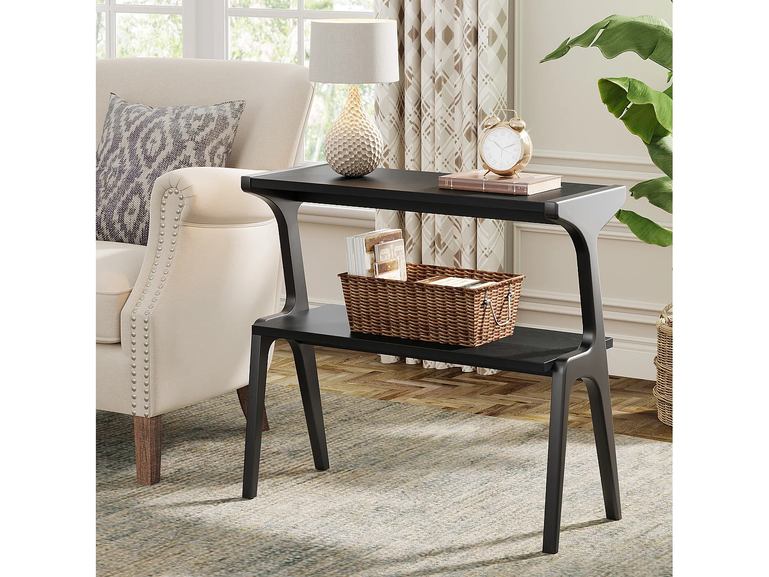 Table d'appoint en bois massif, table de chevet moderne pour canapé, table d'appoint haute et étroite à 2 niveaux,noire