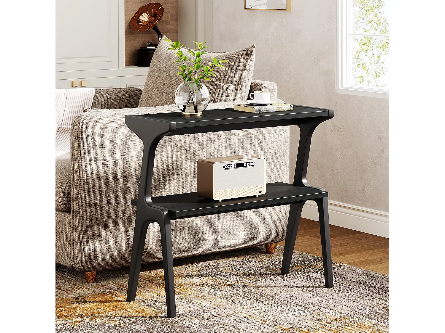 Table d'appoint en bois massif, table de chevet moderne pour canapé, table d'appoint haute et étroite à 2 niveaux,noire