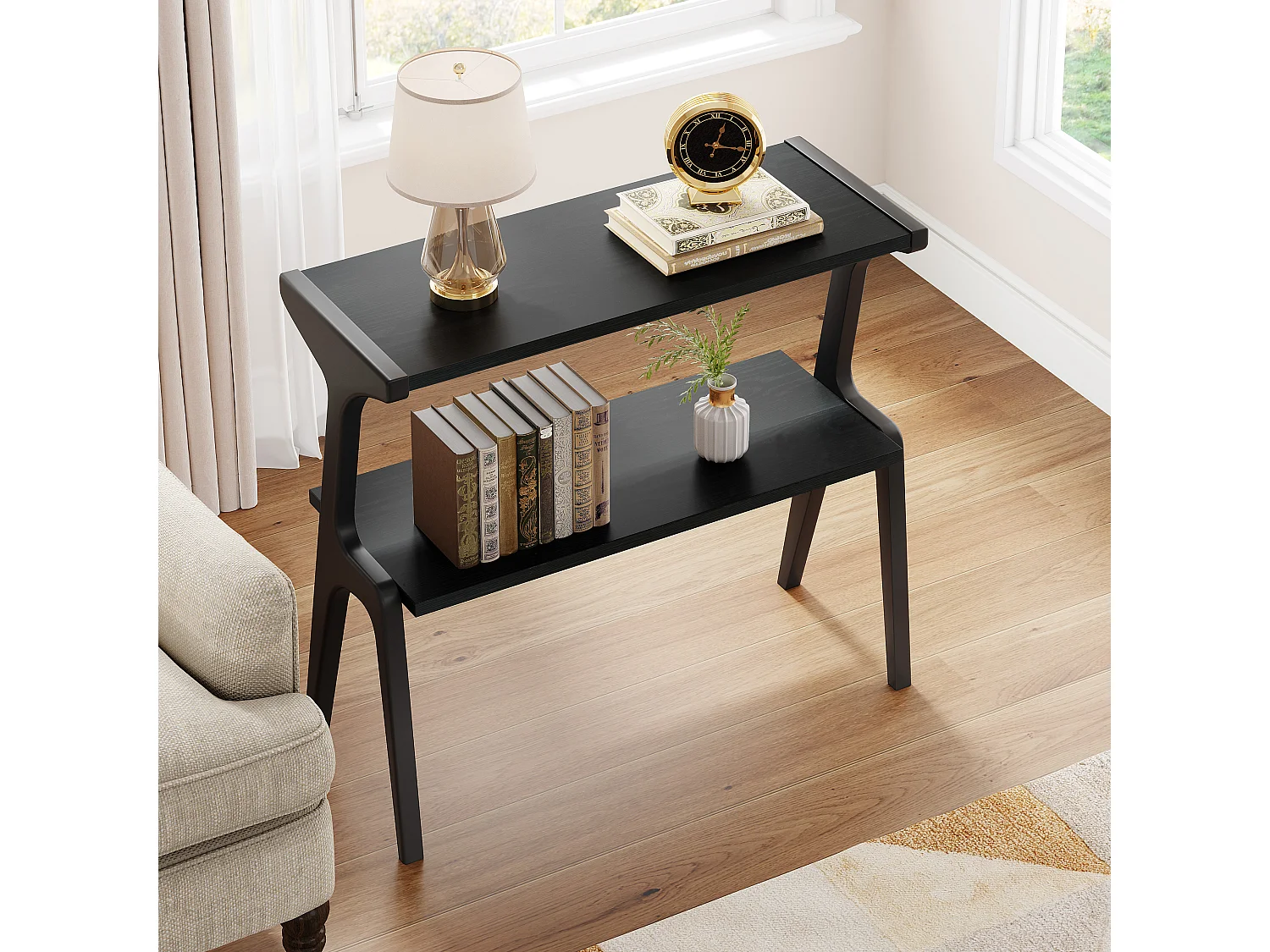 Table d'appoint en bois massif, table de chevet moderne pour canapé, table d'appoint haute et étroite à 2 niveaux,noire