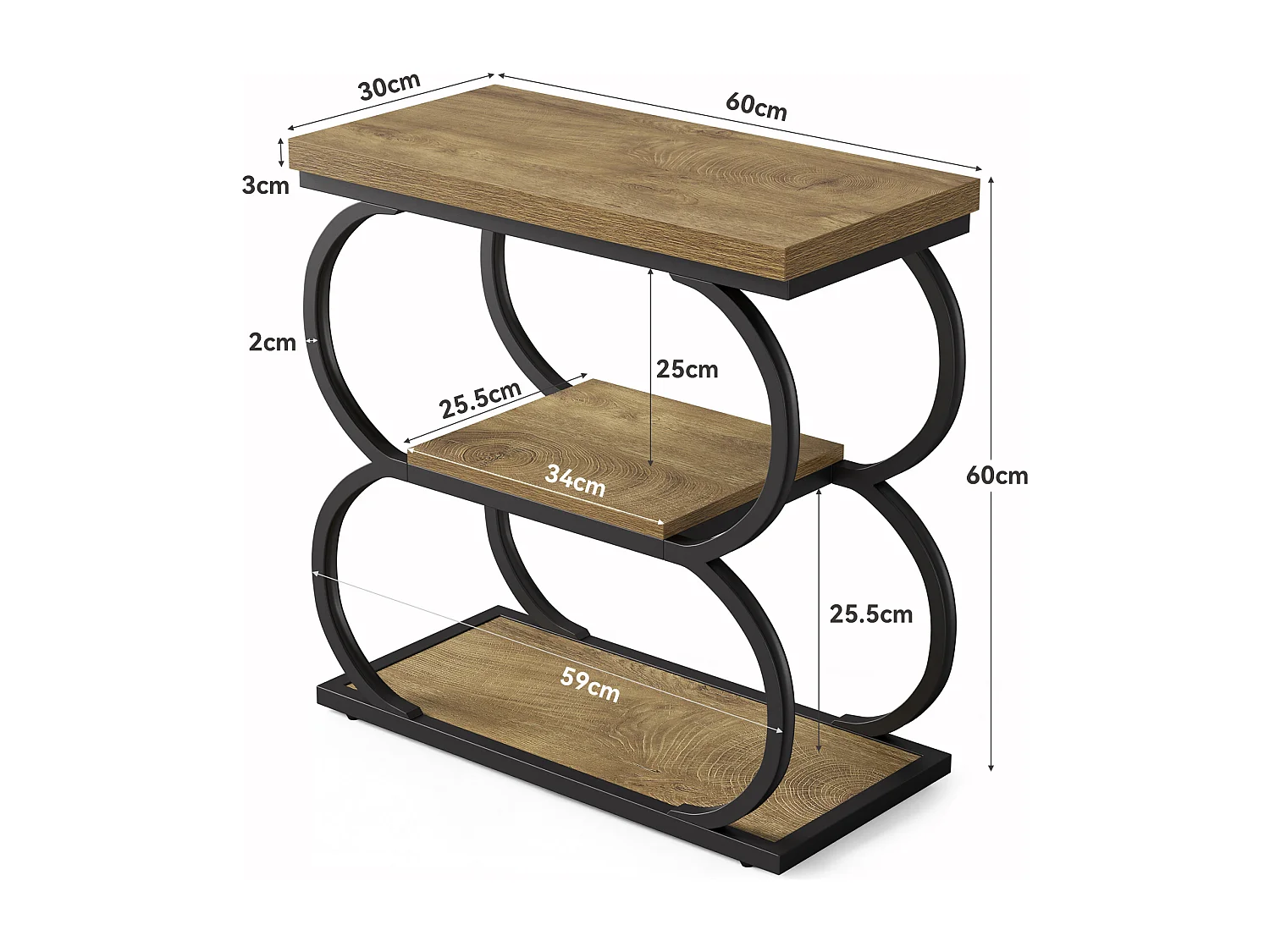 Table d'appoint étroite, table de chevet fine en bois à 3 niveaux pour salon, table de nuit mince en métal pour petits espaces