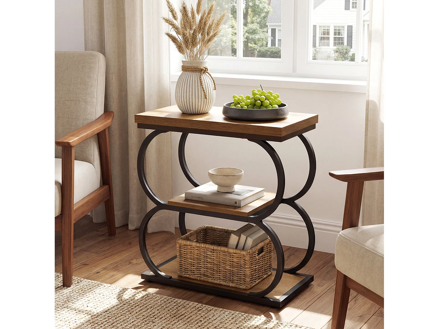 Table d'appoint étroite, table de chevet fine en bois à 3 niveaux pour salon, table de nuit mince en métal pour petits espaces