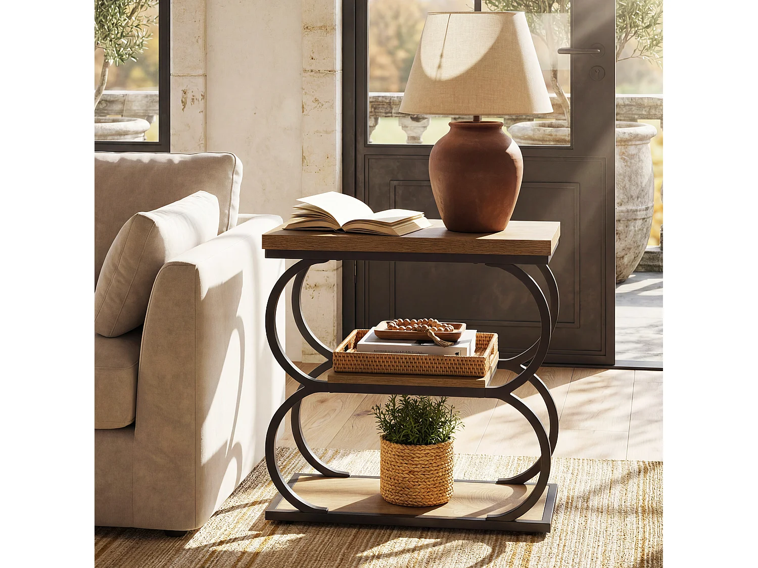Table d'appoint étroite, table de chevet fine en bois à 3 niveaux pour salon, table de nuit mince en métal pour petits espaces
