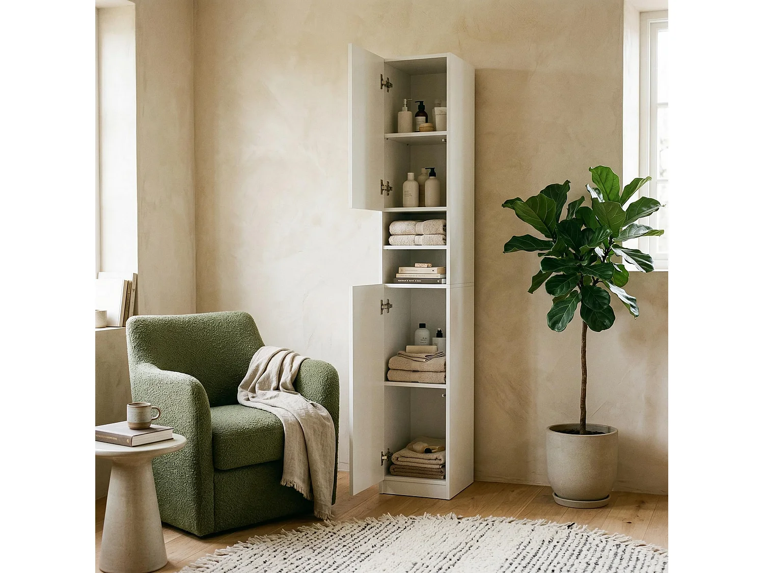 Colonna da bagno bianca da 180 cm – Mobile contenitore verticale con 2 ante, armadio moderno salvaspazio 30x31x180 cm