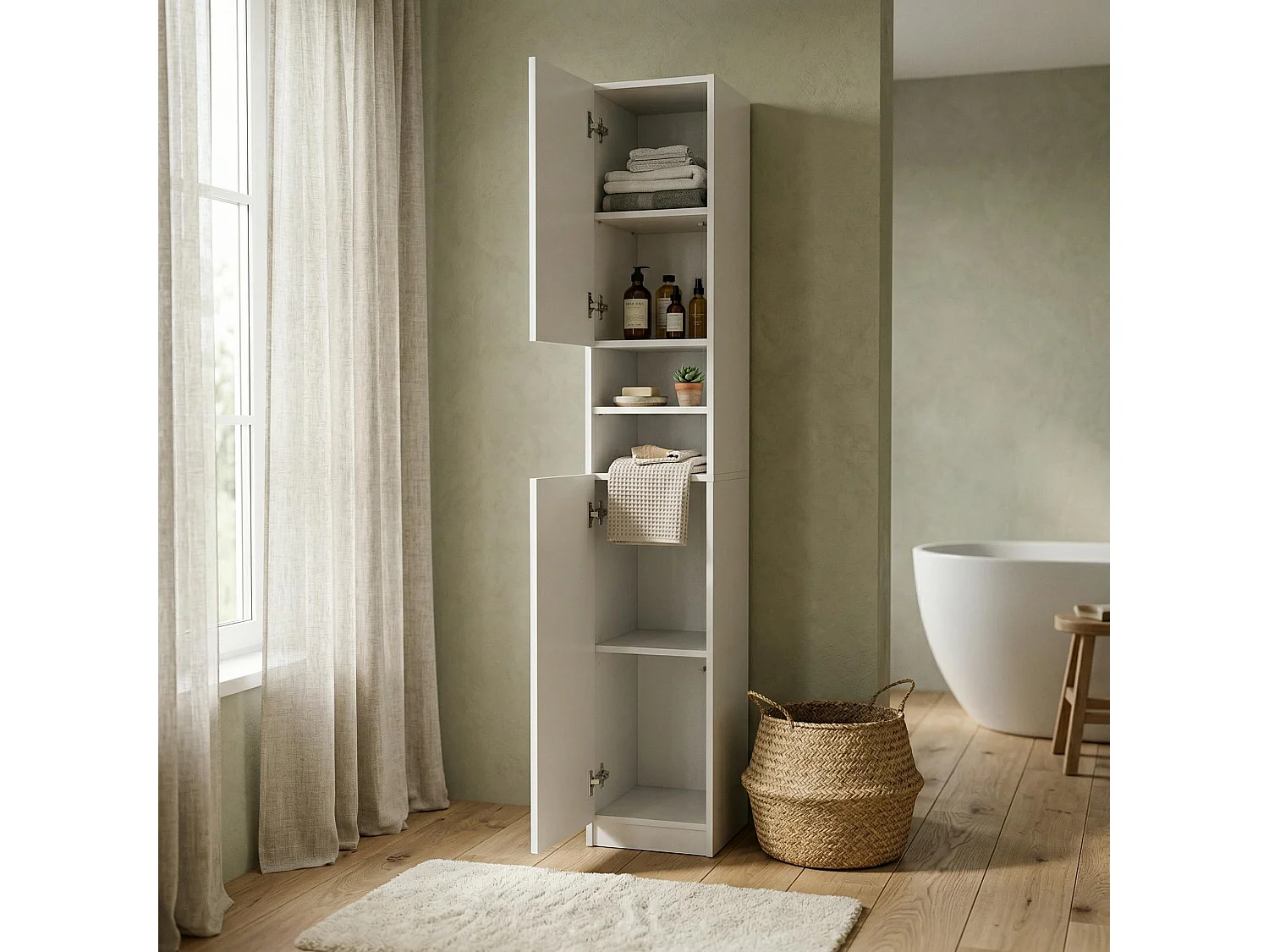 Colonna da bagno bianca da 180 cm – Mobile contenitore verticale con 2 ante, armadio moderno salvaspazio 30x31x180 cm