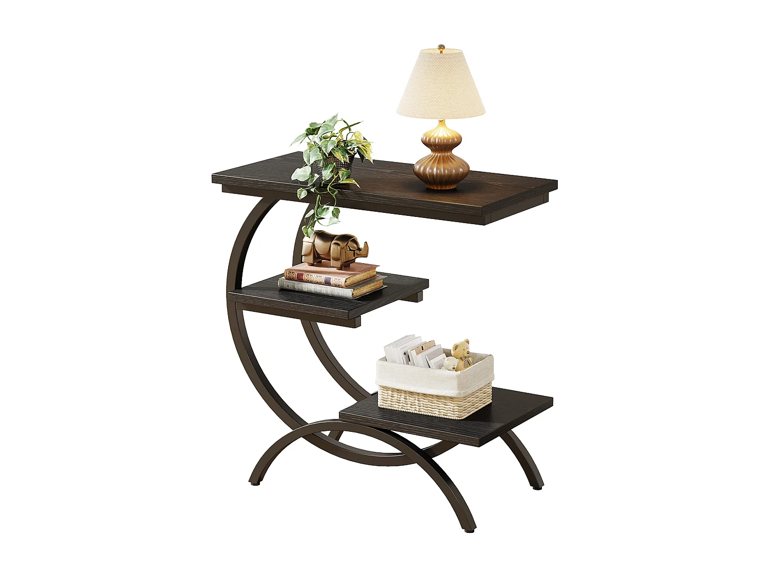 Table d'appoint en forme de C, style industriel, à 3 niveaux, petite table de chevet pour canapé, marron clair