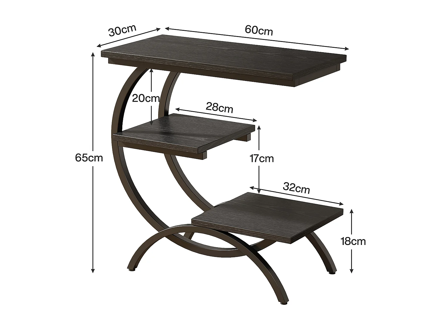 Table d'appoint en forme de C, style industriel, à 3 niveaux, petite table de chevet pour canapé, marron clair