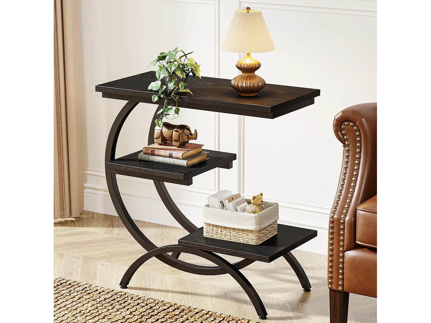 Table d'appoint en forme de C, style industriel, à 3 niveaux, petite table de chevet pour canapé, marron clair