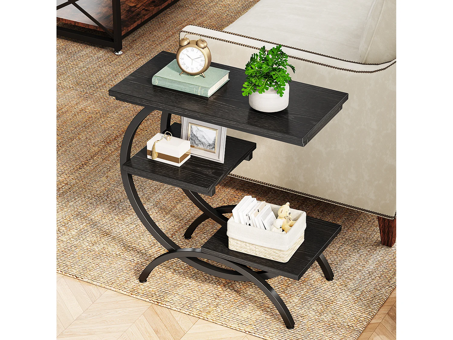 Table d'appoint en forme de C, style industriel, à 3 niveaux, petite table de chevet pour canapé, marron clair
