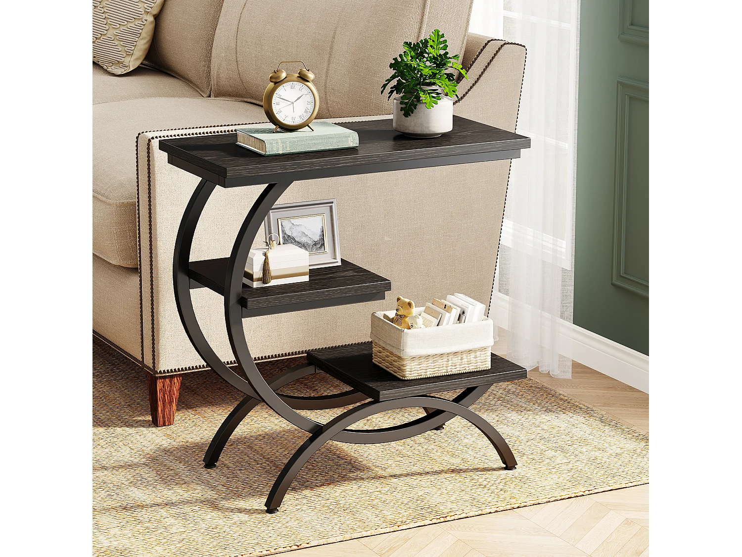 Table d'appoint en forme de C, style industriel, à 3 niveaux, petite table de chevet pour canapé, marron clair