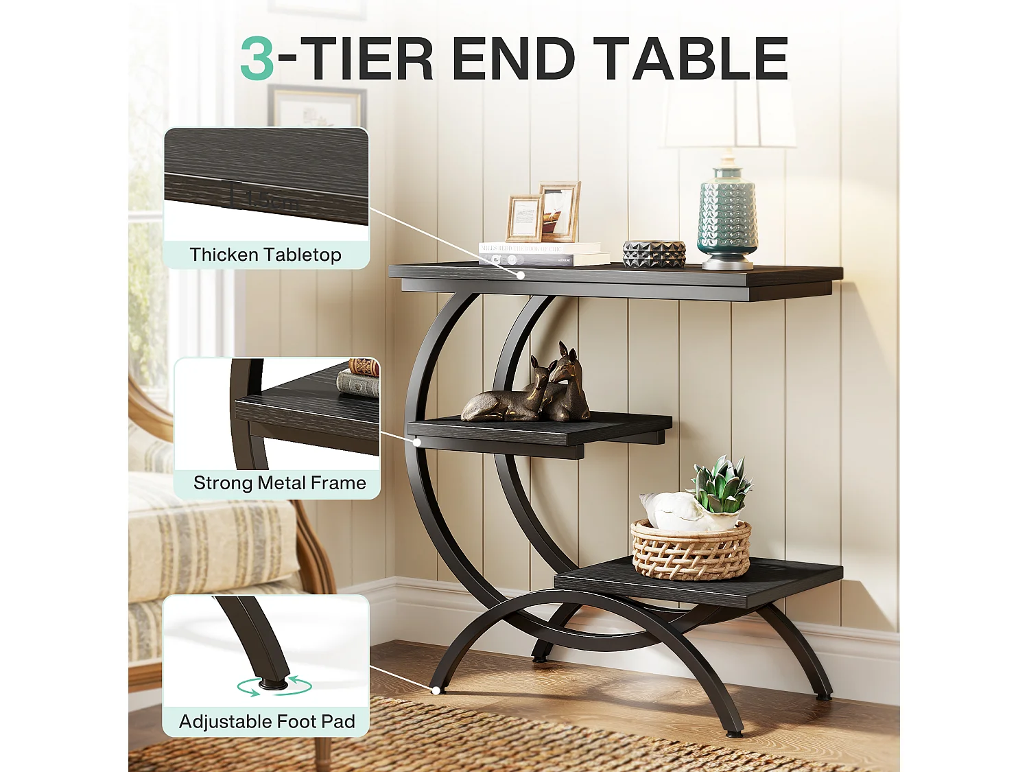 Table d'appoint en forme de C, style industriel, à 3 niveaux, petite table de chevet pour canapé, marron clair