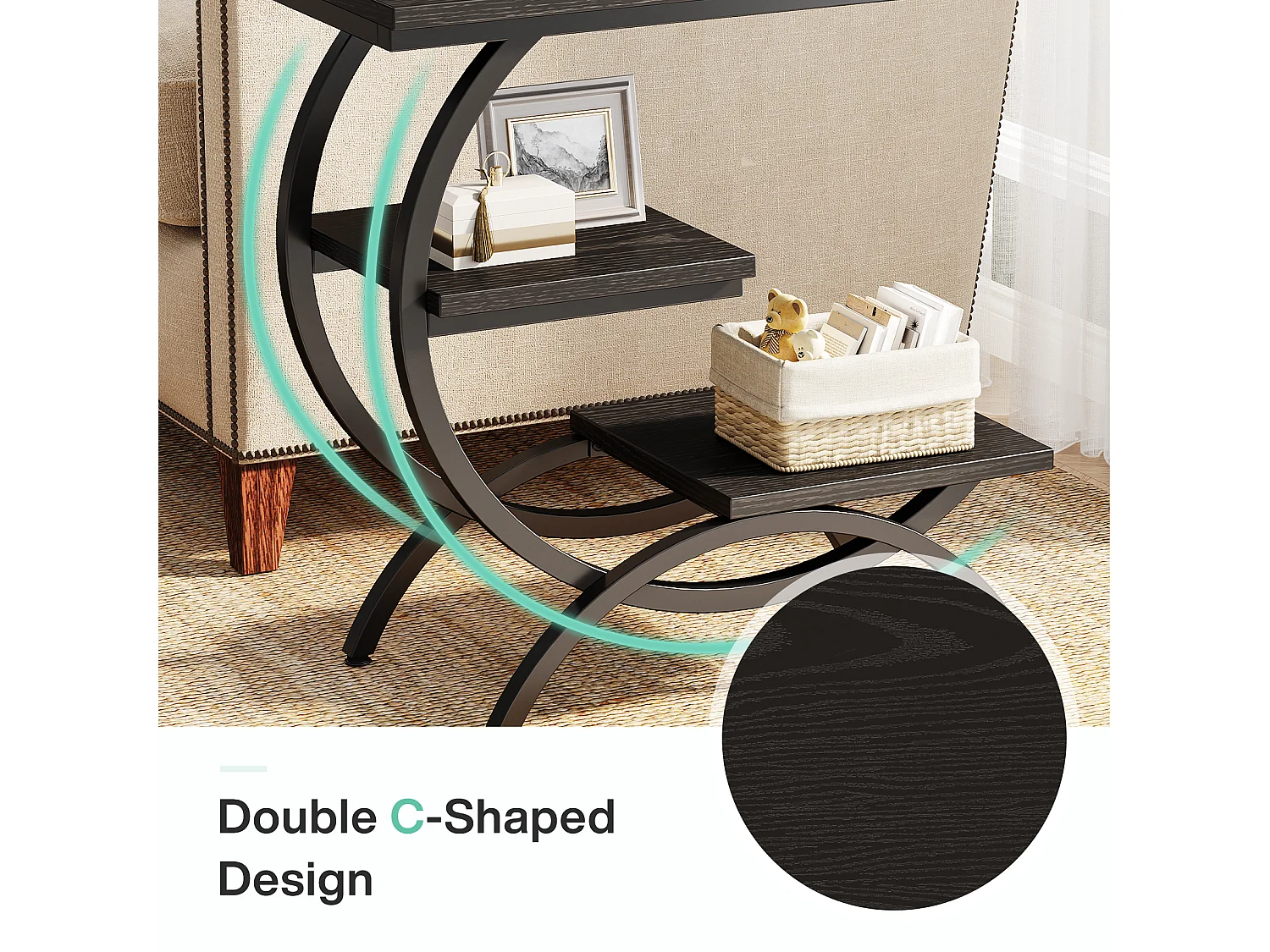 Table d'appoint en forme de C, style industriel, à 3 niveaux, petite table de chevet pour canapé, marron clair