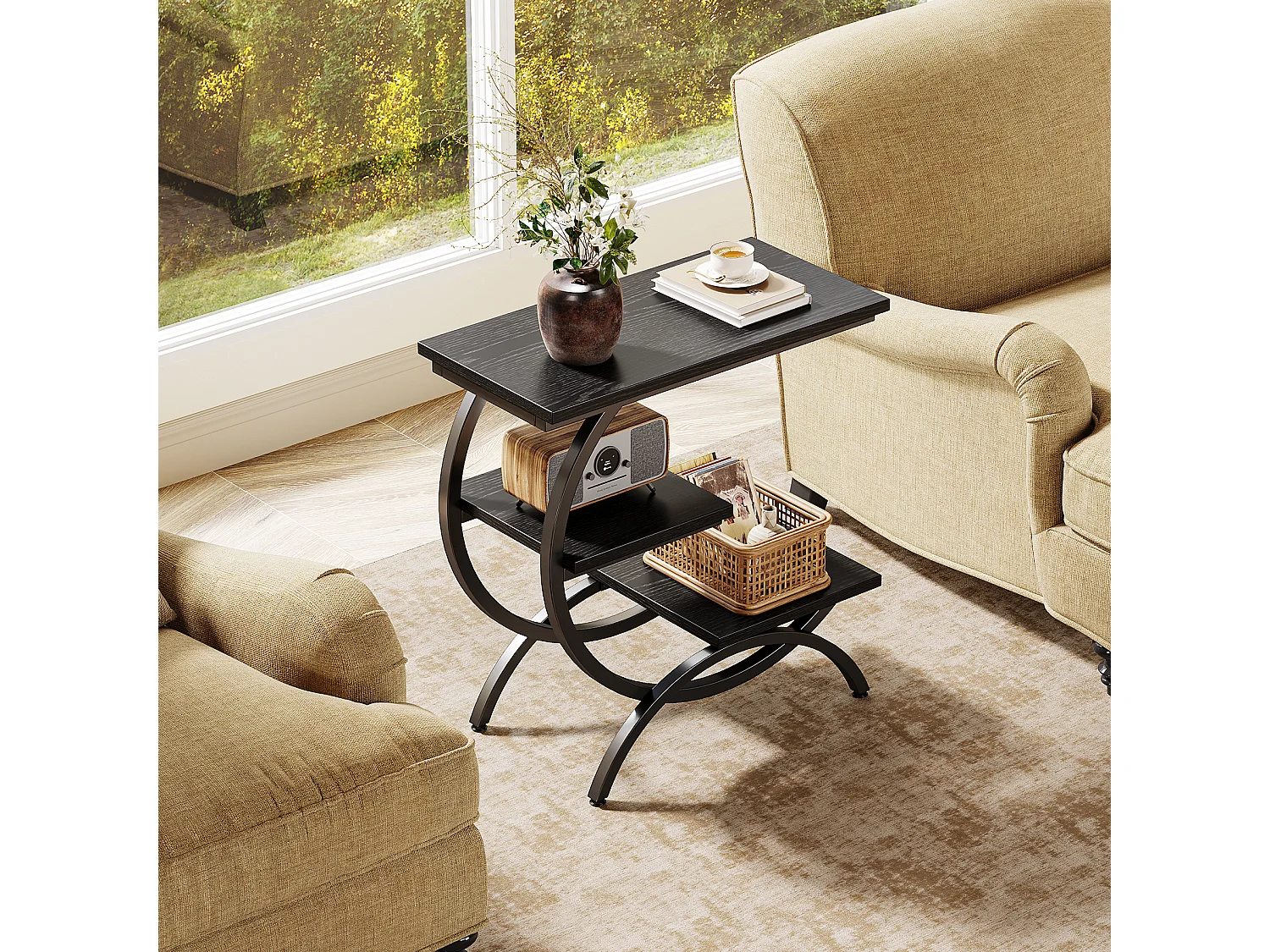 Table d'appoint en forme de C, style industriel, à 3 niveaux, petite table de chevet pour canapé, marron clair