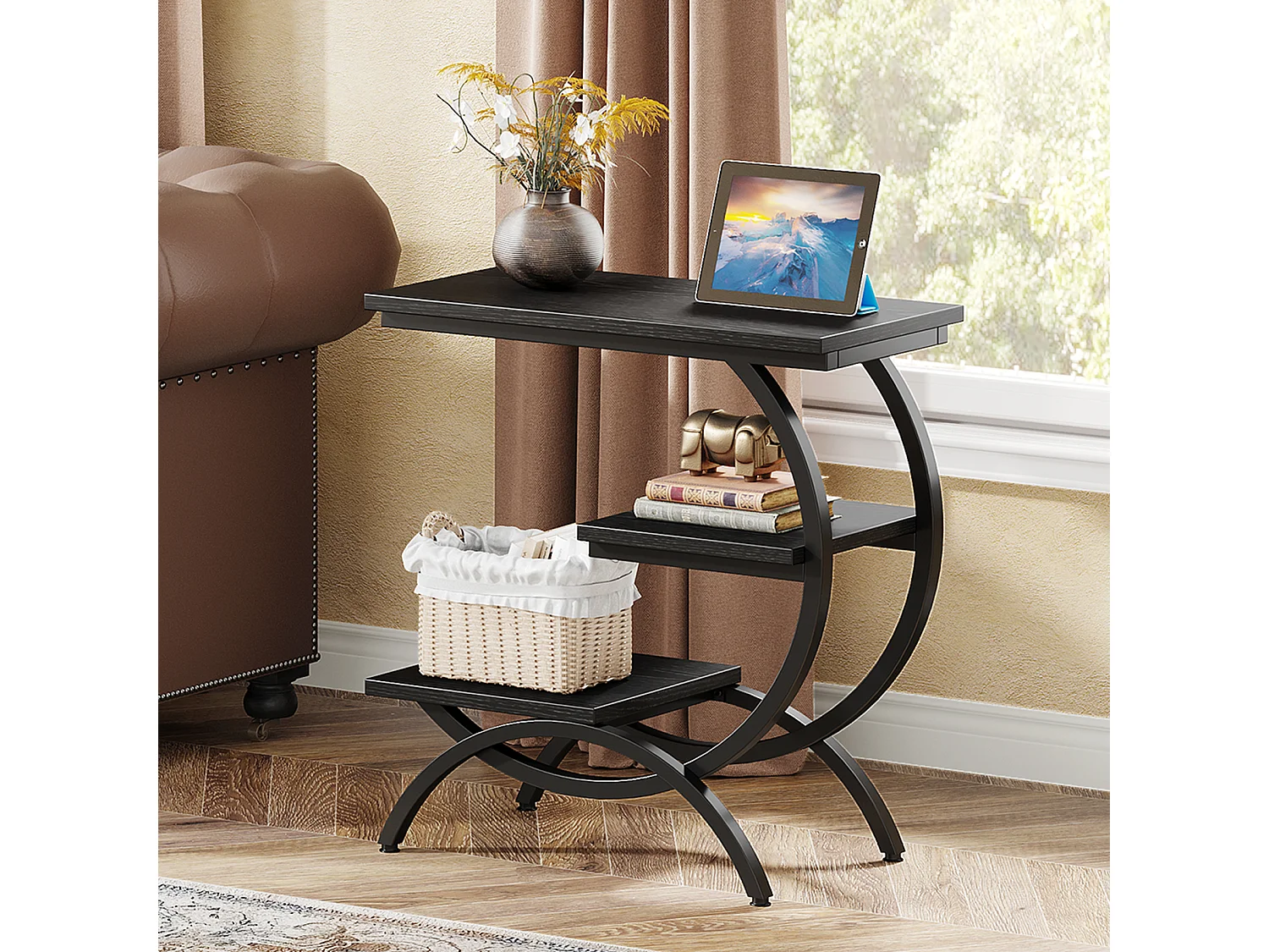 Table d'appoint en forme de C, style industriel, à 3 niveaux, petite table de chevet pour canapé, marron clair