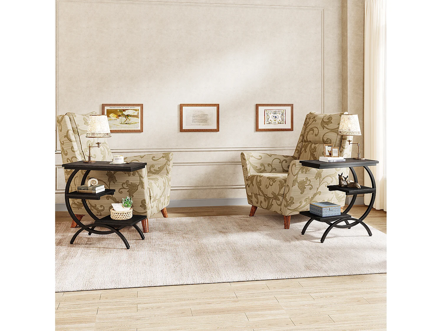 Table d'appoint en forme de C, style industriel, à 3 niveaux, petite table de chevet pour canapé, marron clair