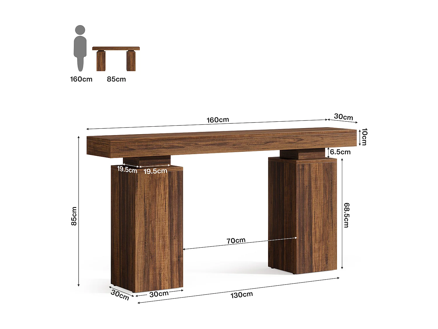 Console d'entrée de 160 cm pour salon, table d'appoint moderne à placer derrière un canapé.