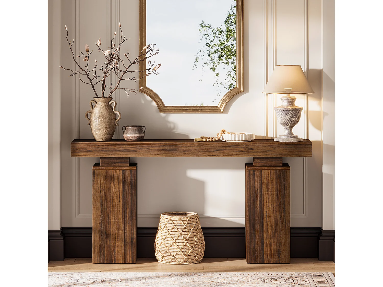 Console d'entrée de 160 cm pour salon, table d'appoint moderne à placer derrière un canapé.