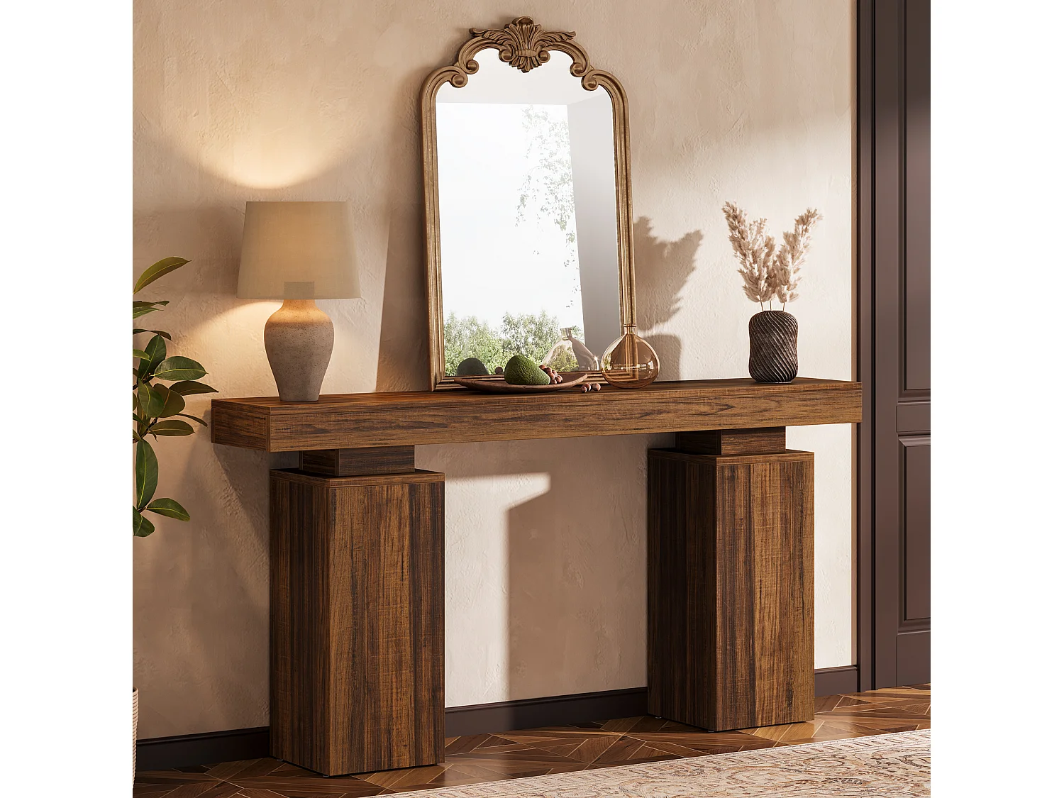 Console d'entrée de 160 cm pour salon, table d'appoint moderne à placer derrière un canapé.