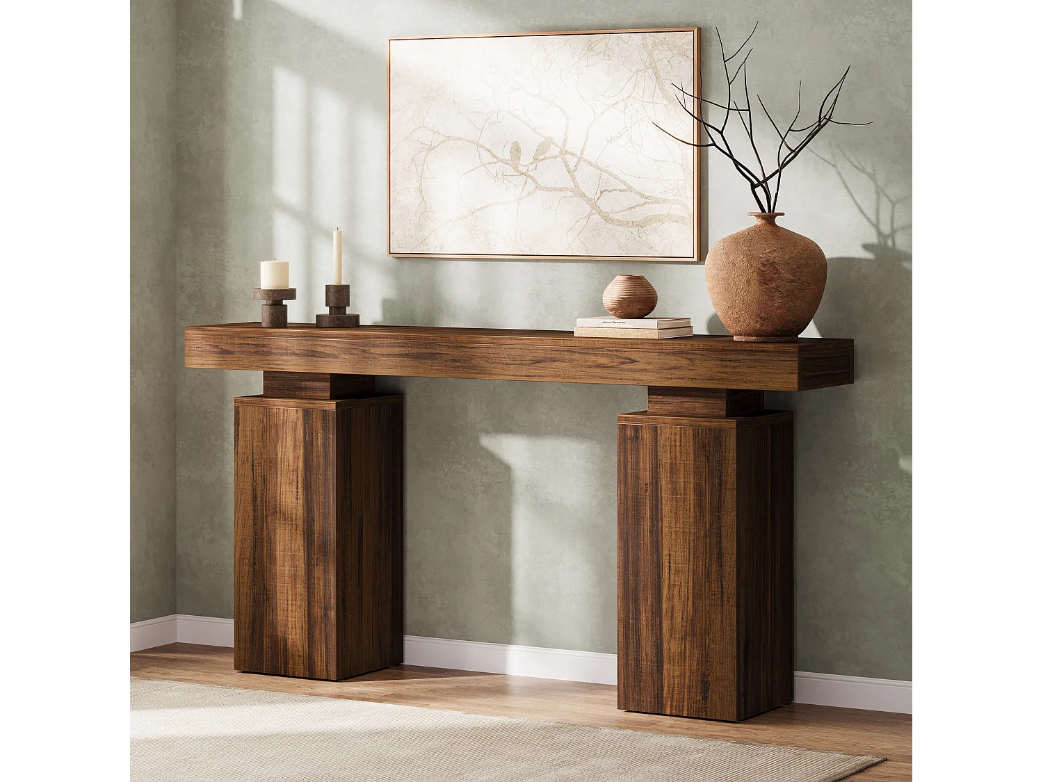 Console d'entrée de 160 cm pour salon, table d'appoint moderne à placer derrière un canapé.