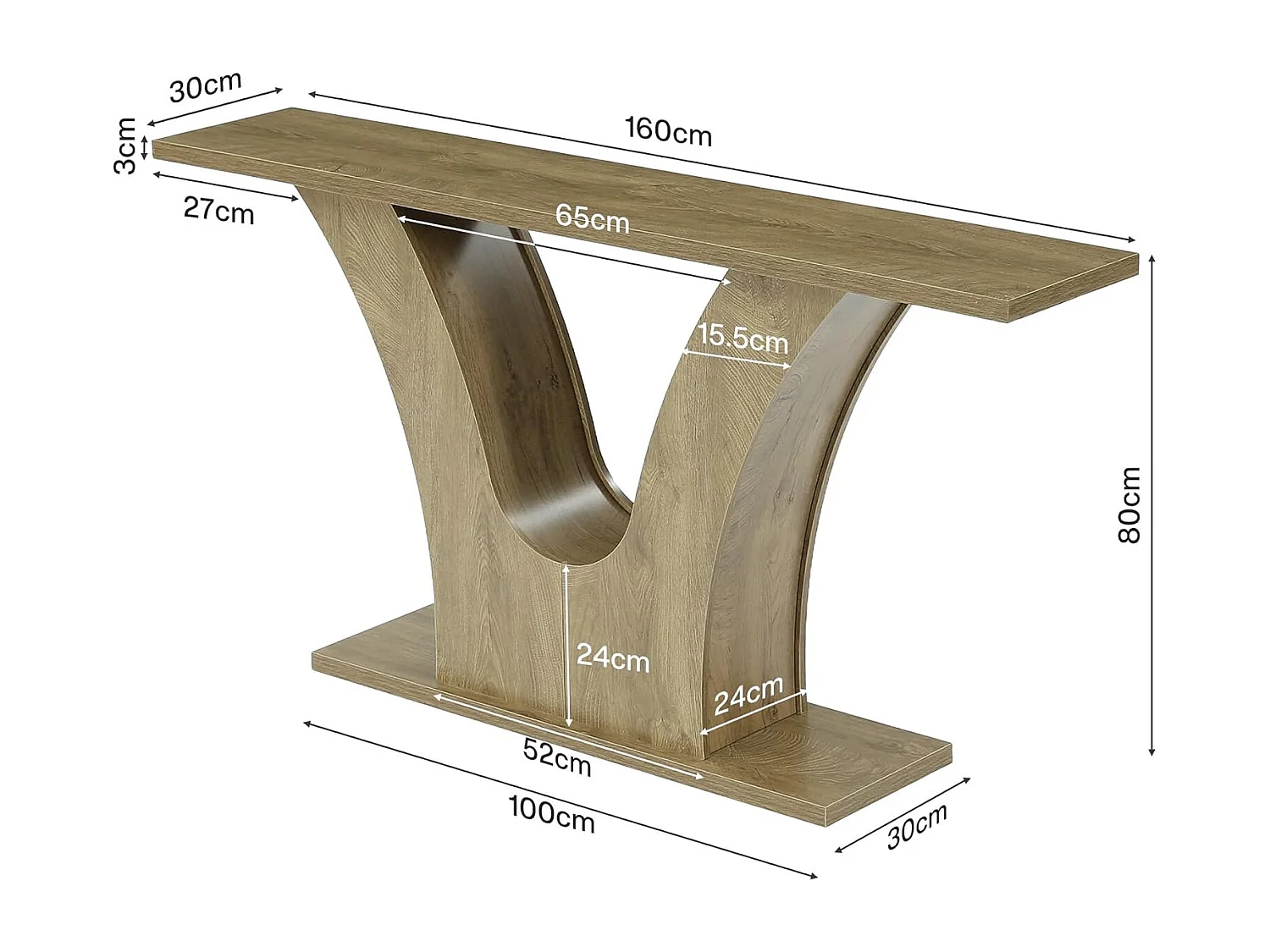 160 cm hohe Eingangstisch, 2-stufiger Landhaus-Schmale Sofa-Tisch hinter der Couch mit gebogenem V-förmigen Sockel