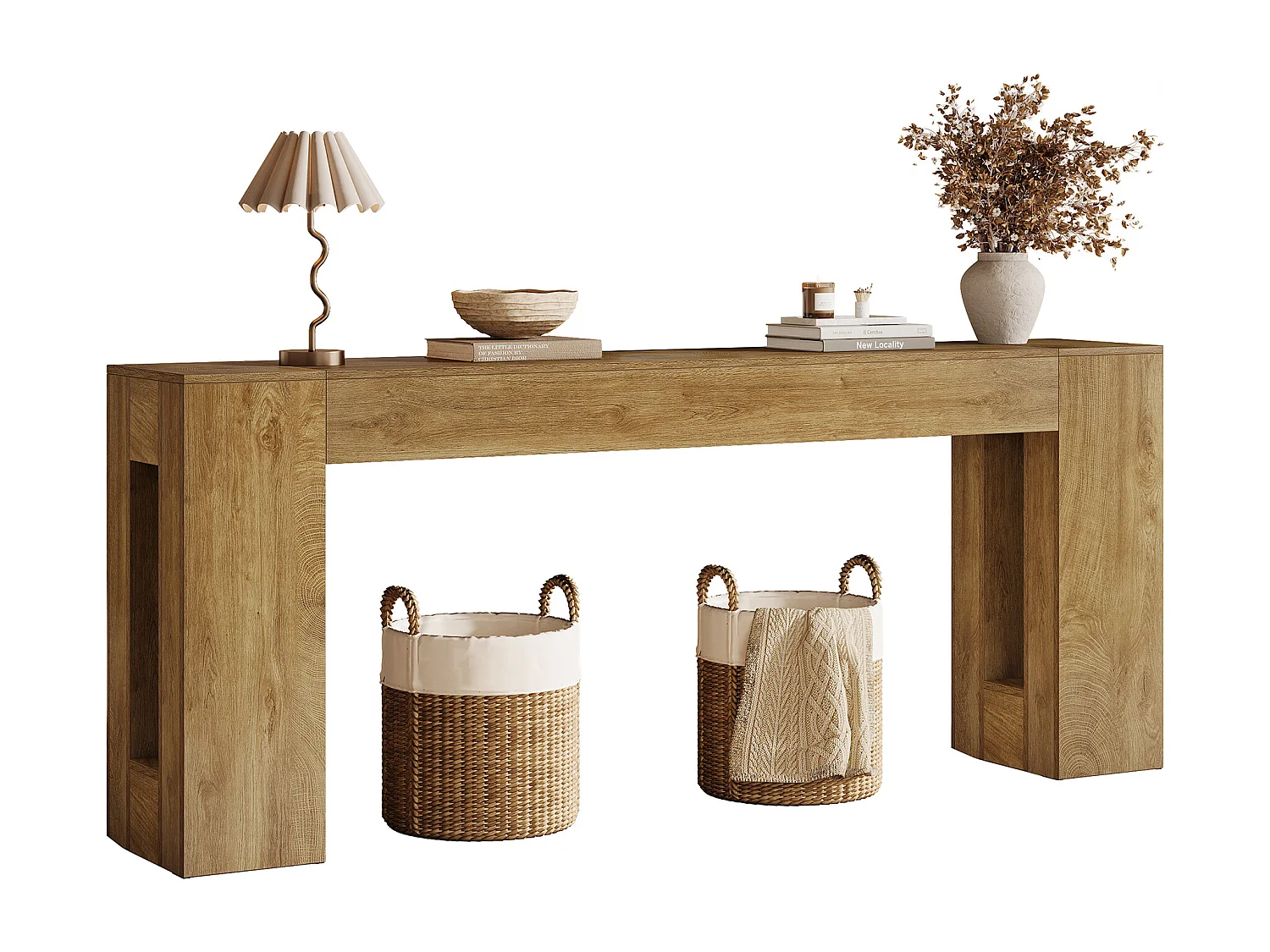 Console extra longue de 200 cm pour entrée, table d'appoint étroite de style campagnard à placer derrière un canapé, avec pieds épais