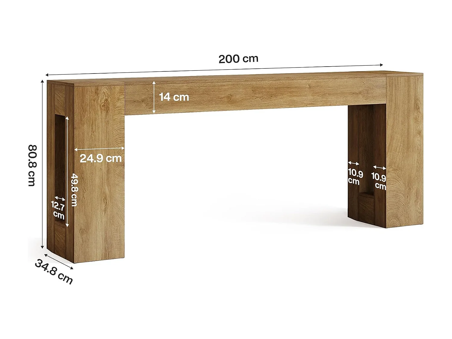 Console extra longue de 200 cm pour entrée, table d'appoint étroite de style campagnard à placer derrière un canapé, avec pieds épais