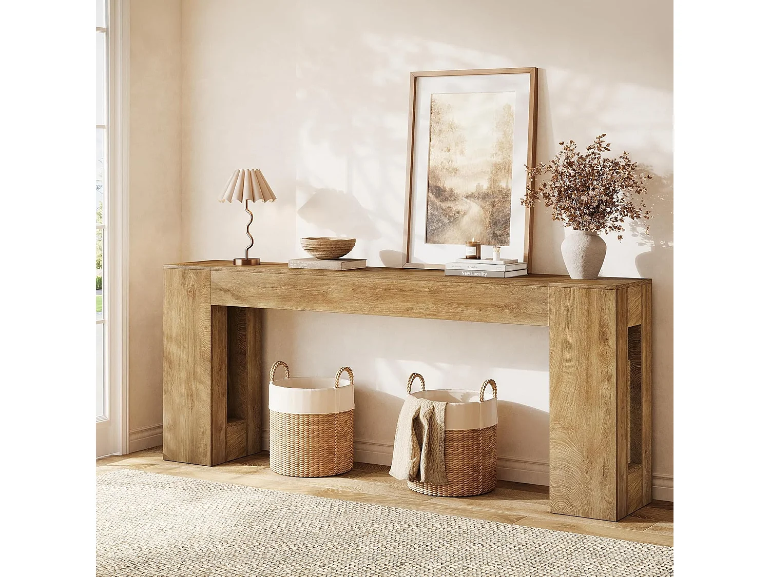 Console extra longue de 200 cm pour entrée, table d'appoint étroite de style campagnard à placer derrière un canapé, avec pieds épais