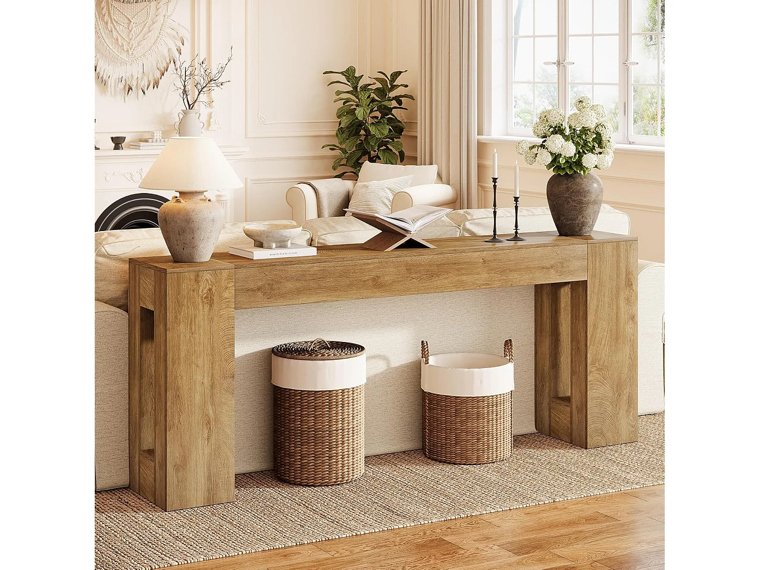 Console extra longue de 200 cm pour entrée, table d'appoint étroite de style campagnard à placer derrière un canapé, avec pieds épais