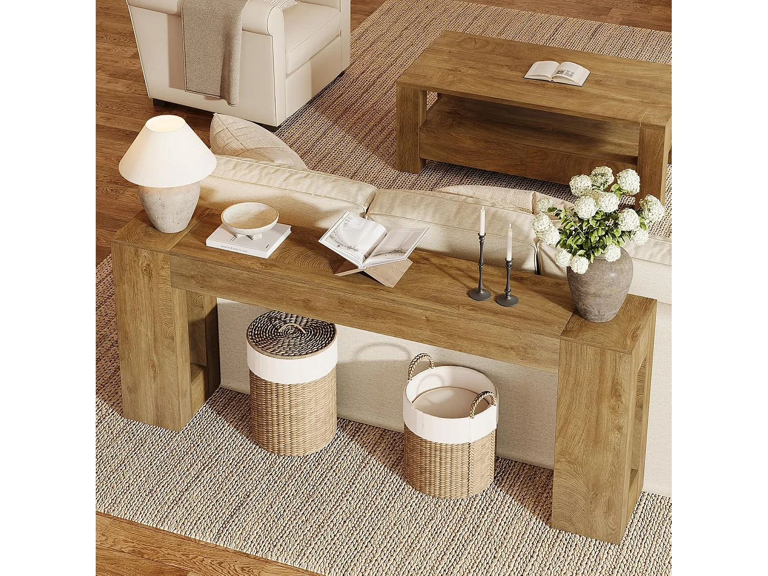Console extra longue de 200 cm pour entrée, table d'appoint étroite de style campagnard à placer derrière un canapé, avec pieds épais