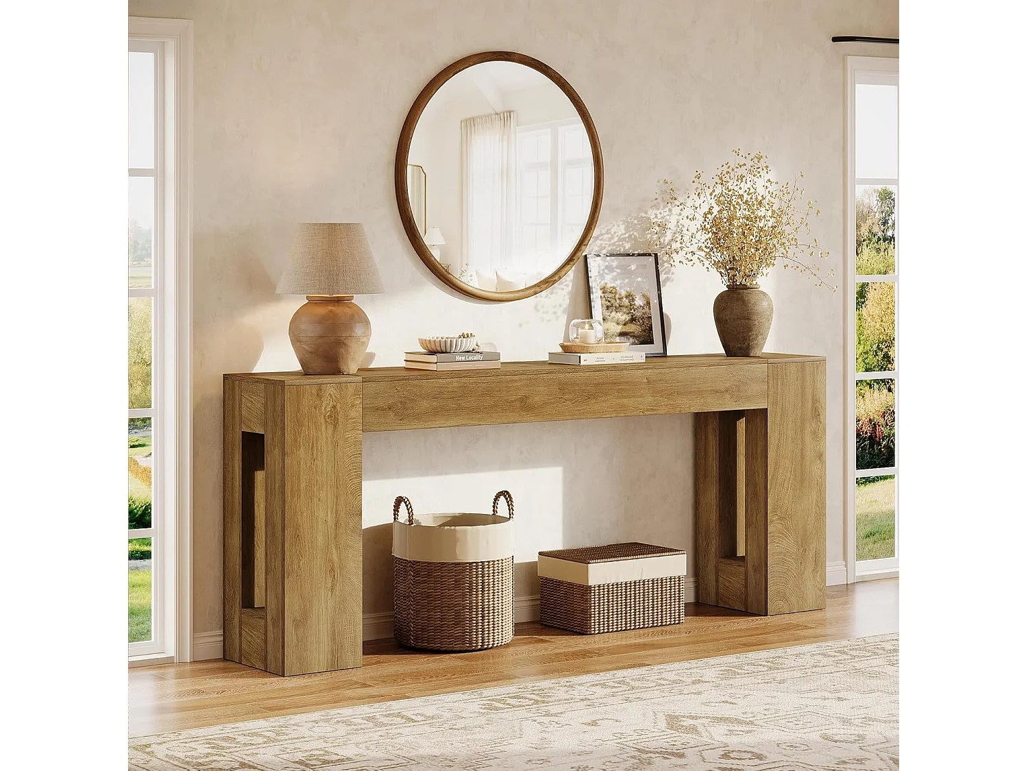 Console extra longue de 200 cm pour entrée, table d'appoint étroite de style campagnard à placer derrière un canapé, avec pieds épais