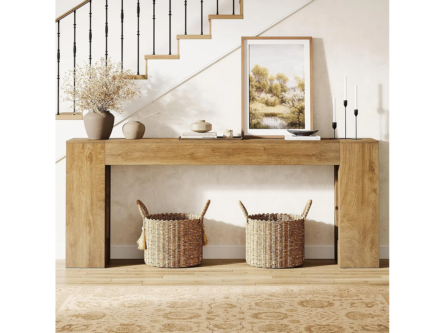 Console extra longue de 200 cm pour entrée, table d'appoint étroite de style campagnard à placer derrière un canapé, avec pieds épais