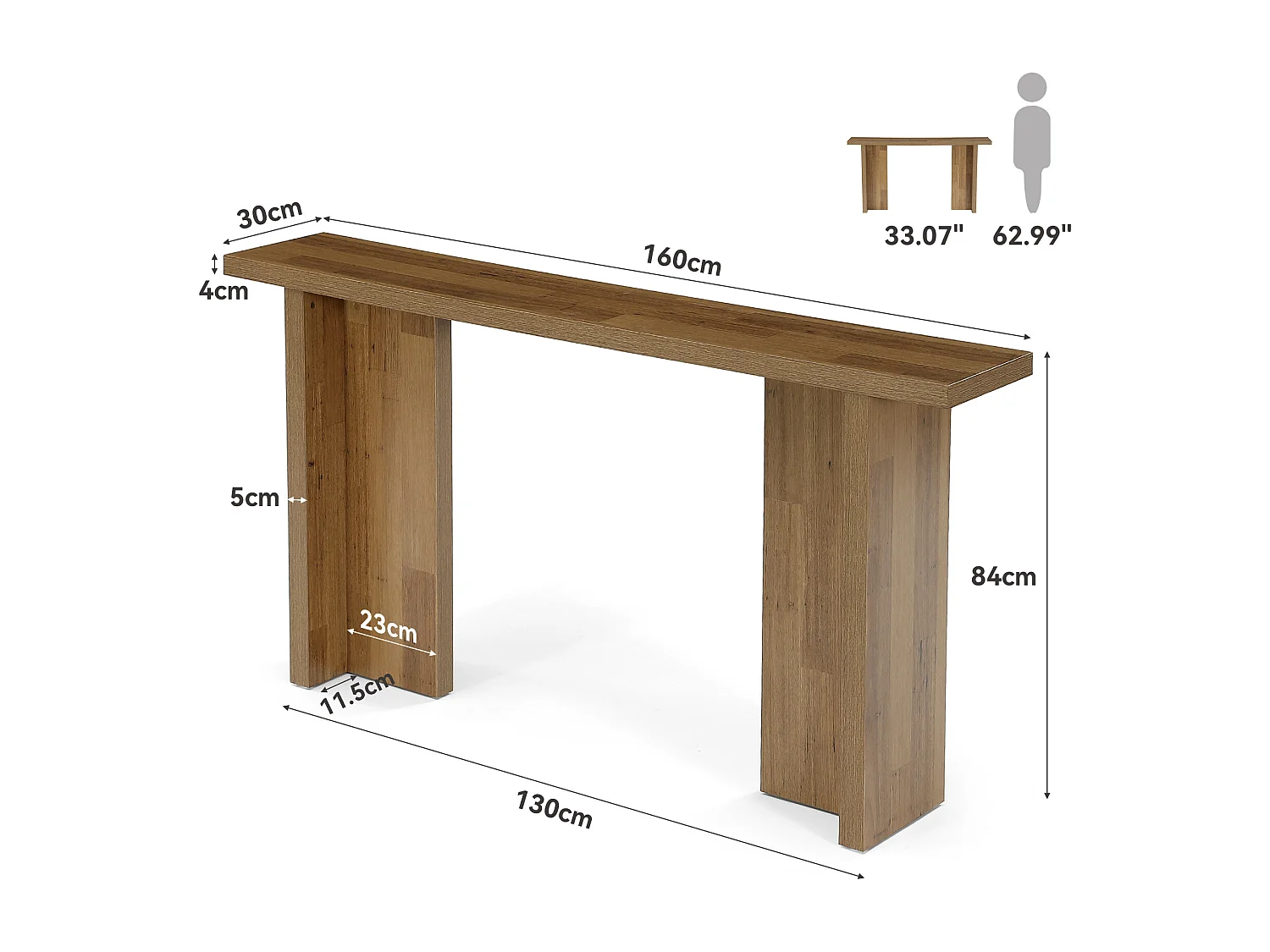 160 cm hohes modernes Konsole, schmales Eingangstisch mit Holzmaserung, minimalistischer Sofatisch für das Wohnzimmer