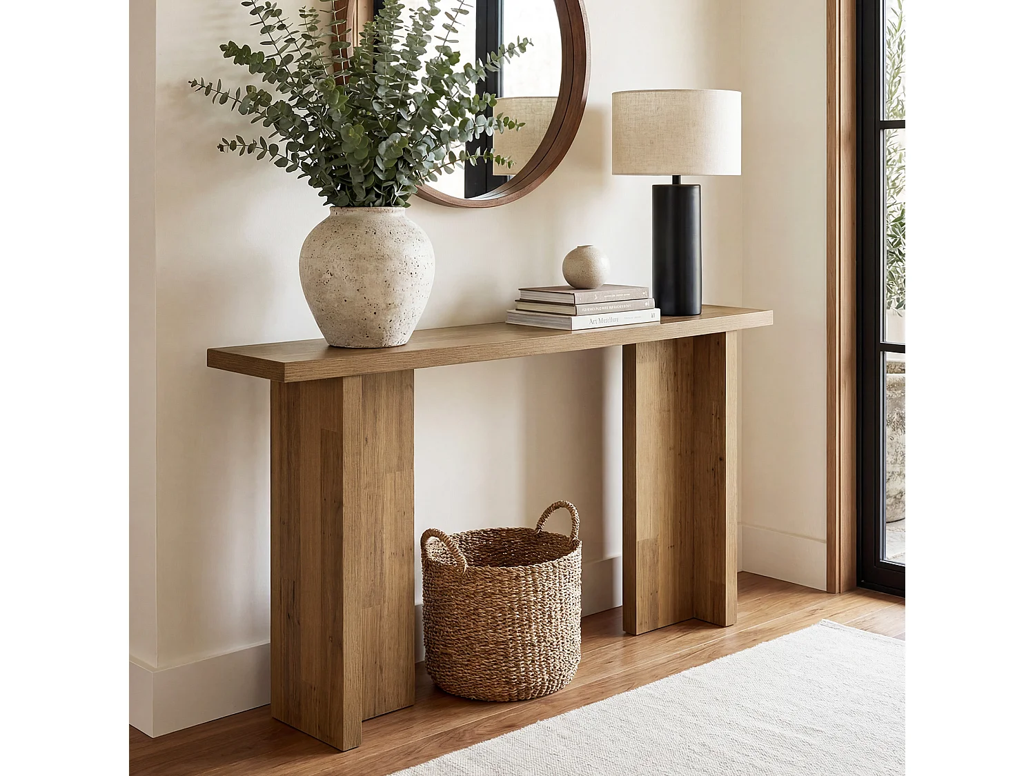160 cm hohes modernes Konsole, schmales Eingangstisch mit Holzmaserung, minimalistischer Sofatisch für das Wohnzimmer