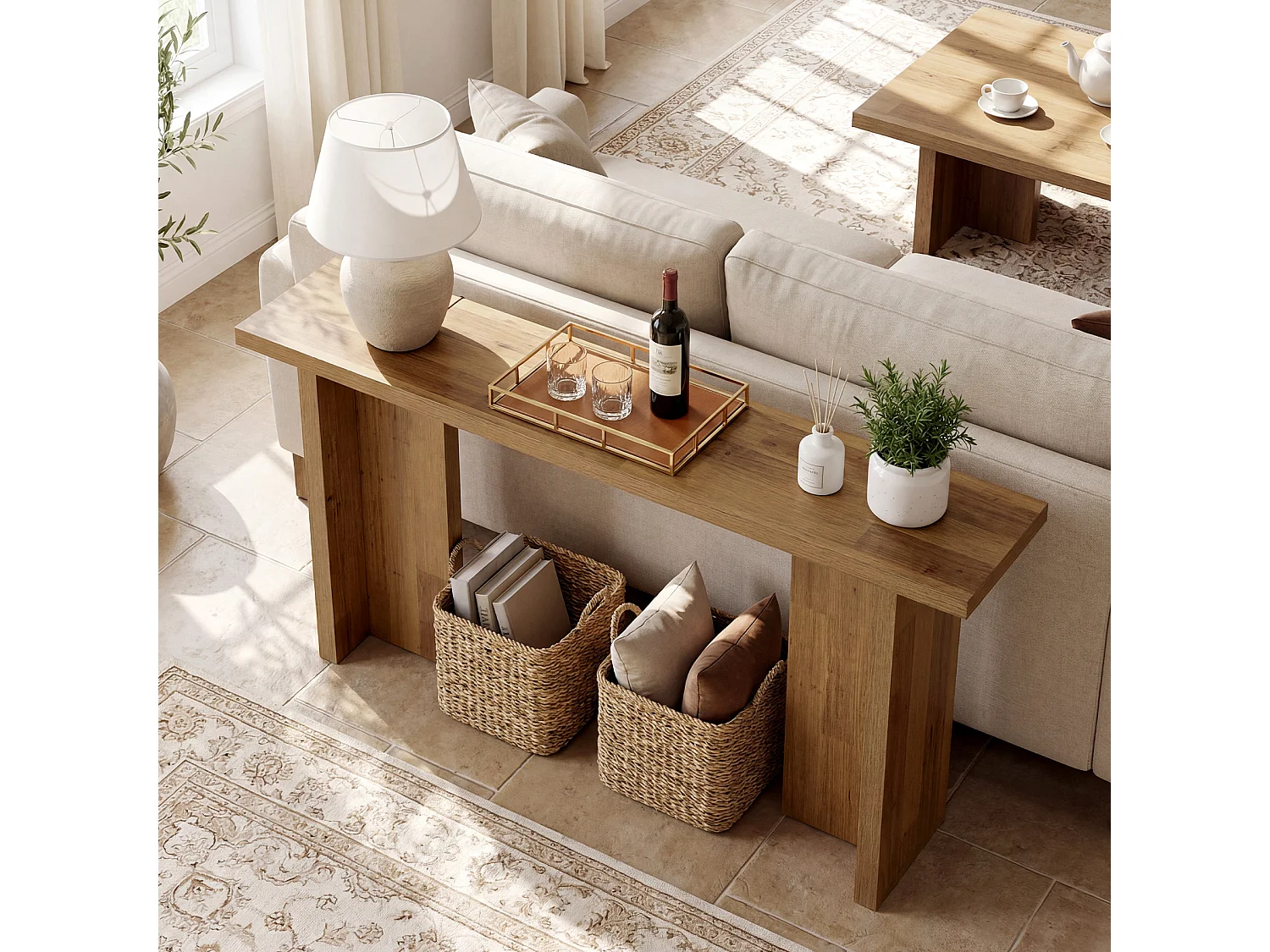 160 cm hohes modernes Konsole, schmales Eingangstisch mit Holzmaserung, minimalistischer Sofatisch für das Wohnzimmer