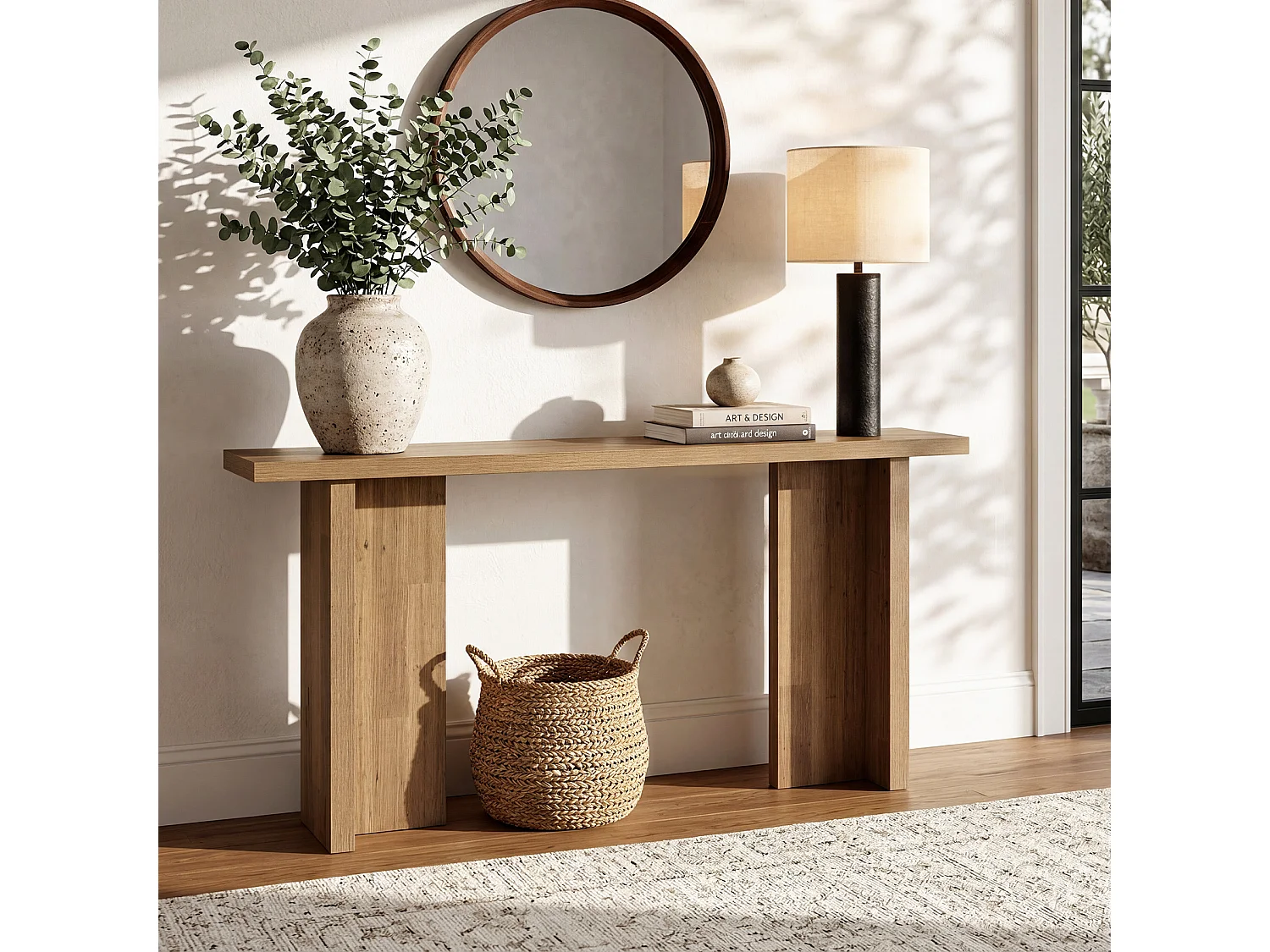 160 cm hohes modernes Konsole, schmales Eingangstisch mit Holzmaserung, minimalistischer Sofatisch für das Wohnzimmer