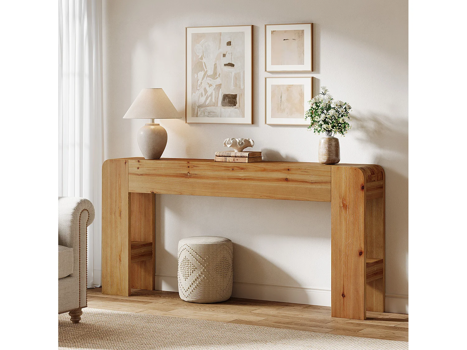 Console en bois massif de 160 cm, table d'appoint de style campagnard à placer derrière un canapé dans une entrée