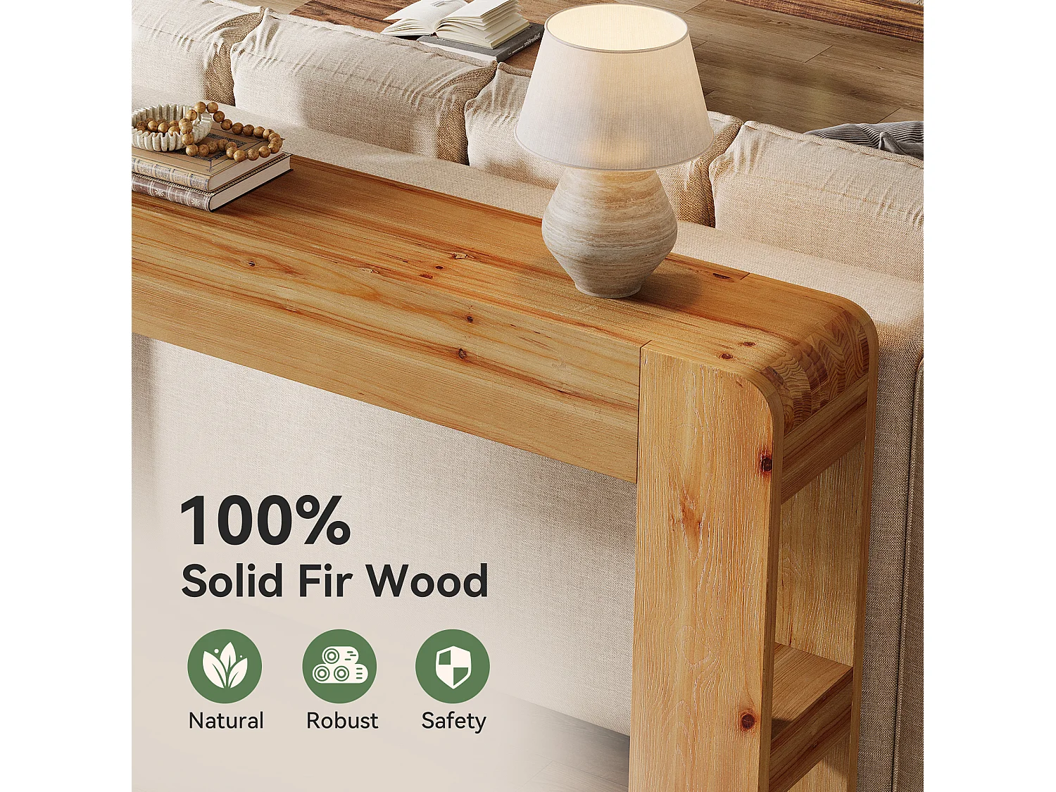 Console en bois massif de 160 cm, table d'appoint de style campagnard à placer derrière un canapé dans une entrée
