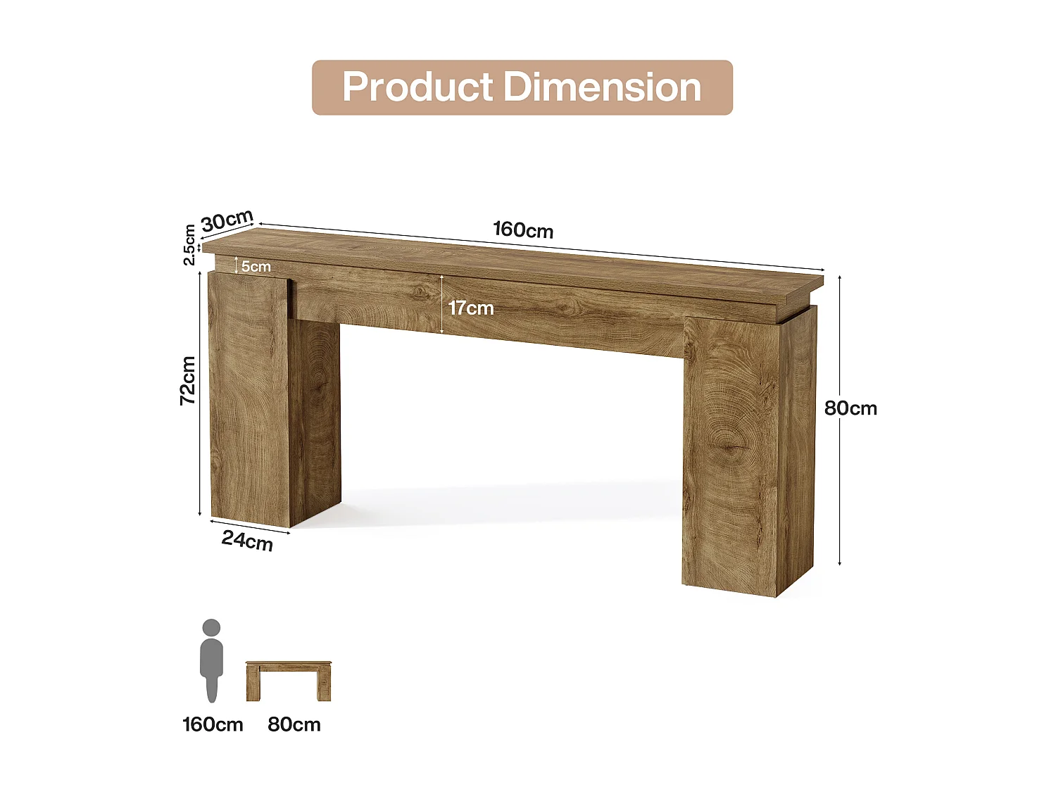 Console de 160 cm, table d'entrée rustique avec rangement ouvert pour salon