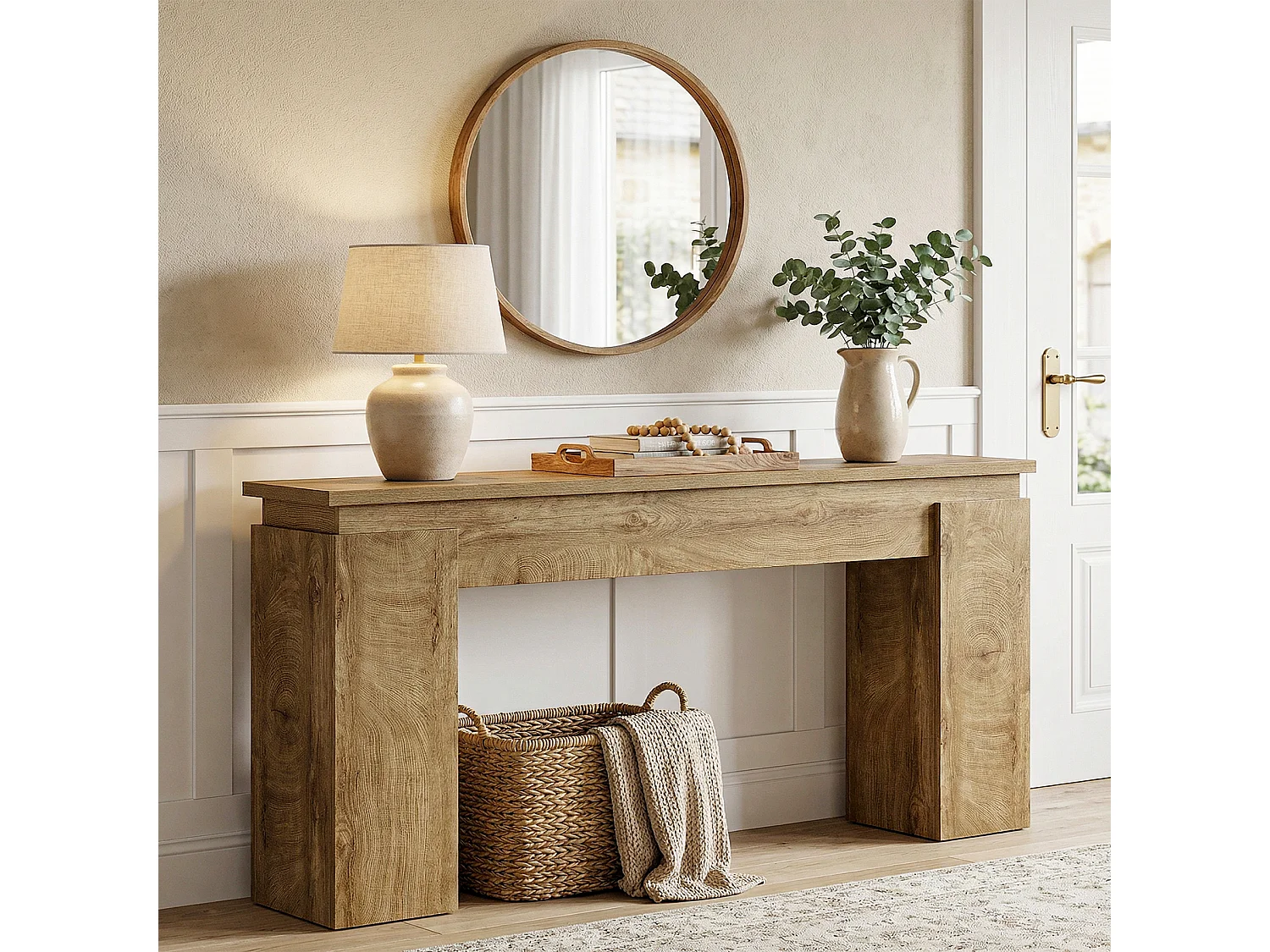 Console de 160 cm, table d'entrée rustique avec rangement ouvert pour salon