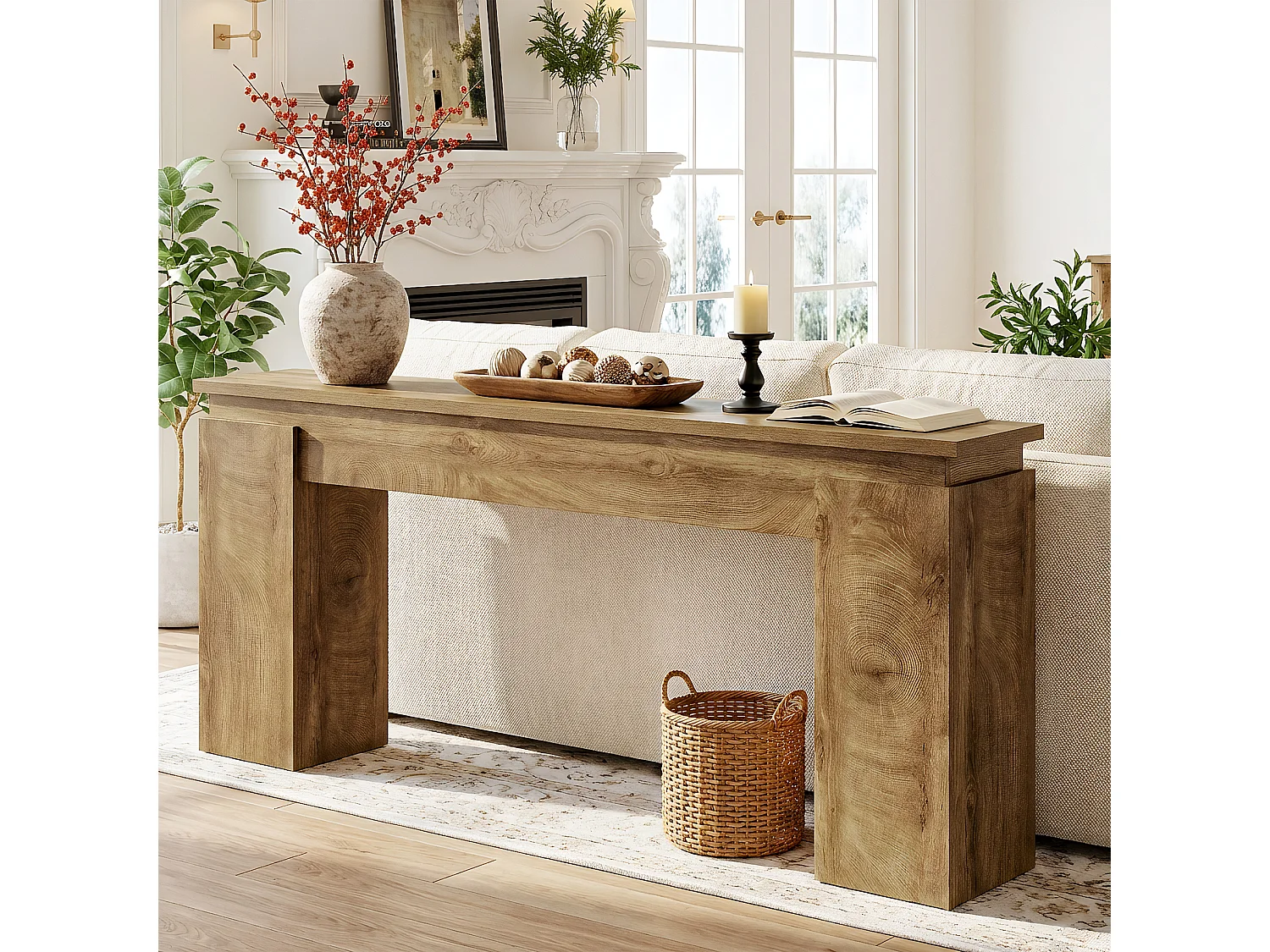 Console de 160 cm, table d'entrée rustique avec rangement ouvert pour salon