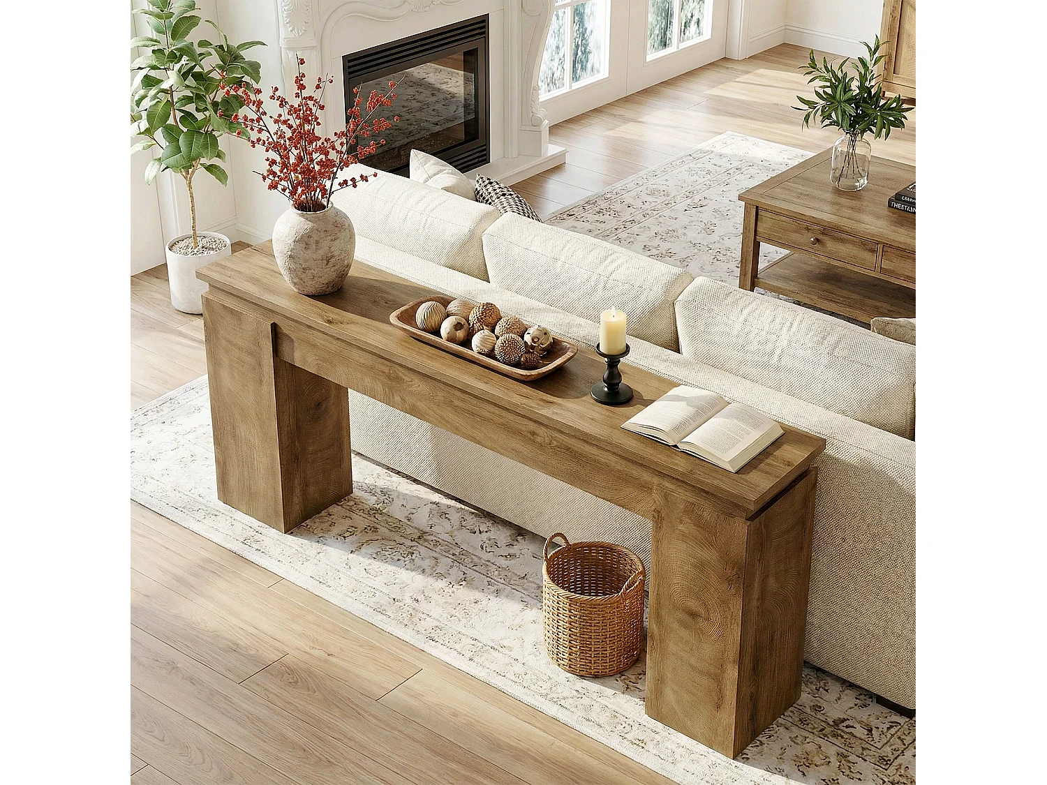 Console de 160 cm, table d'entrée rustique avec rangement ouvert pour salon